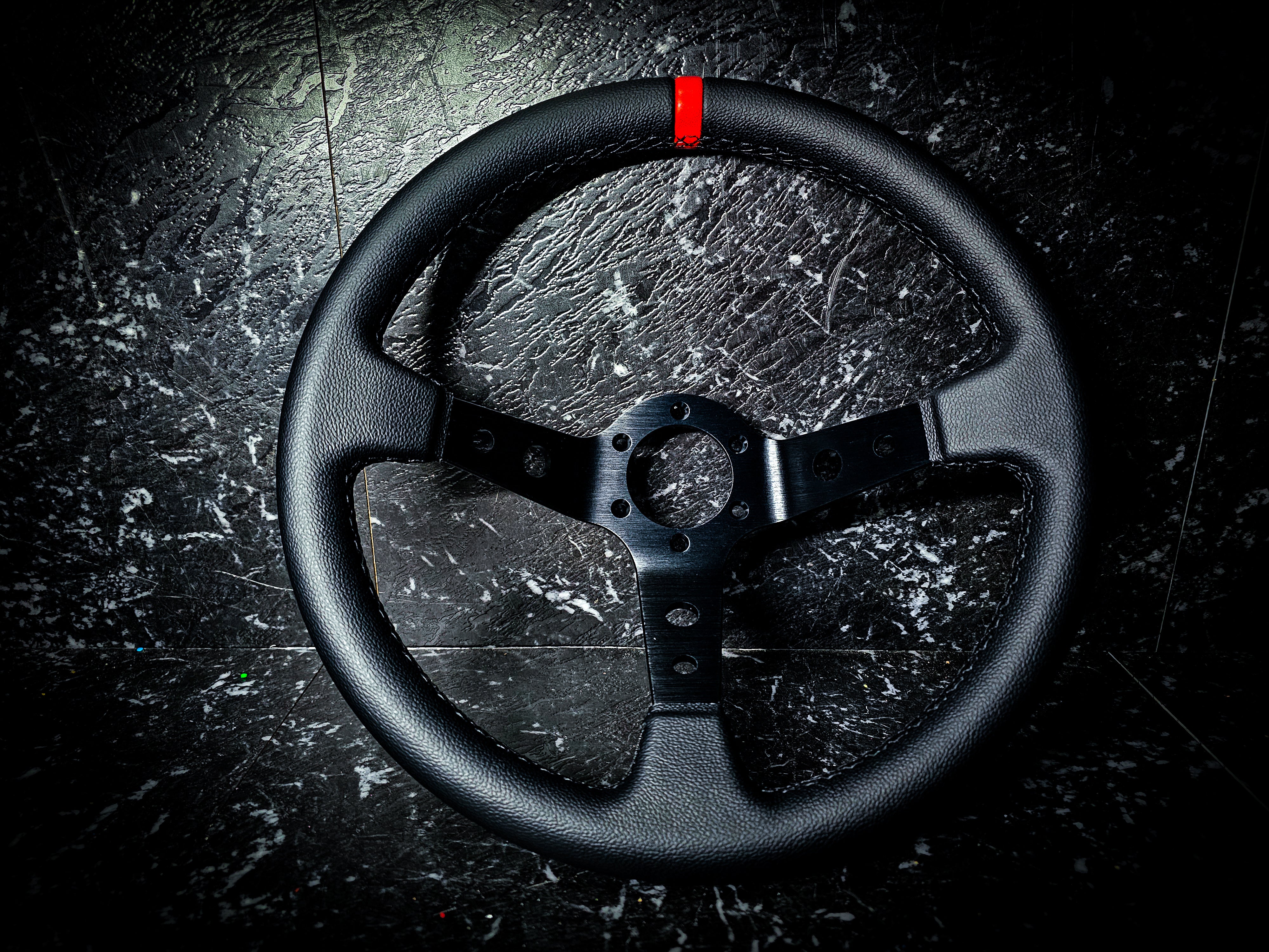 Black Red Lined And Stitched Deep Dished Leather Steering Wheel