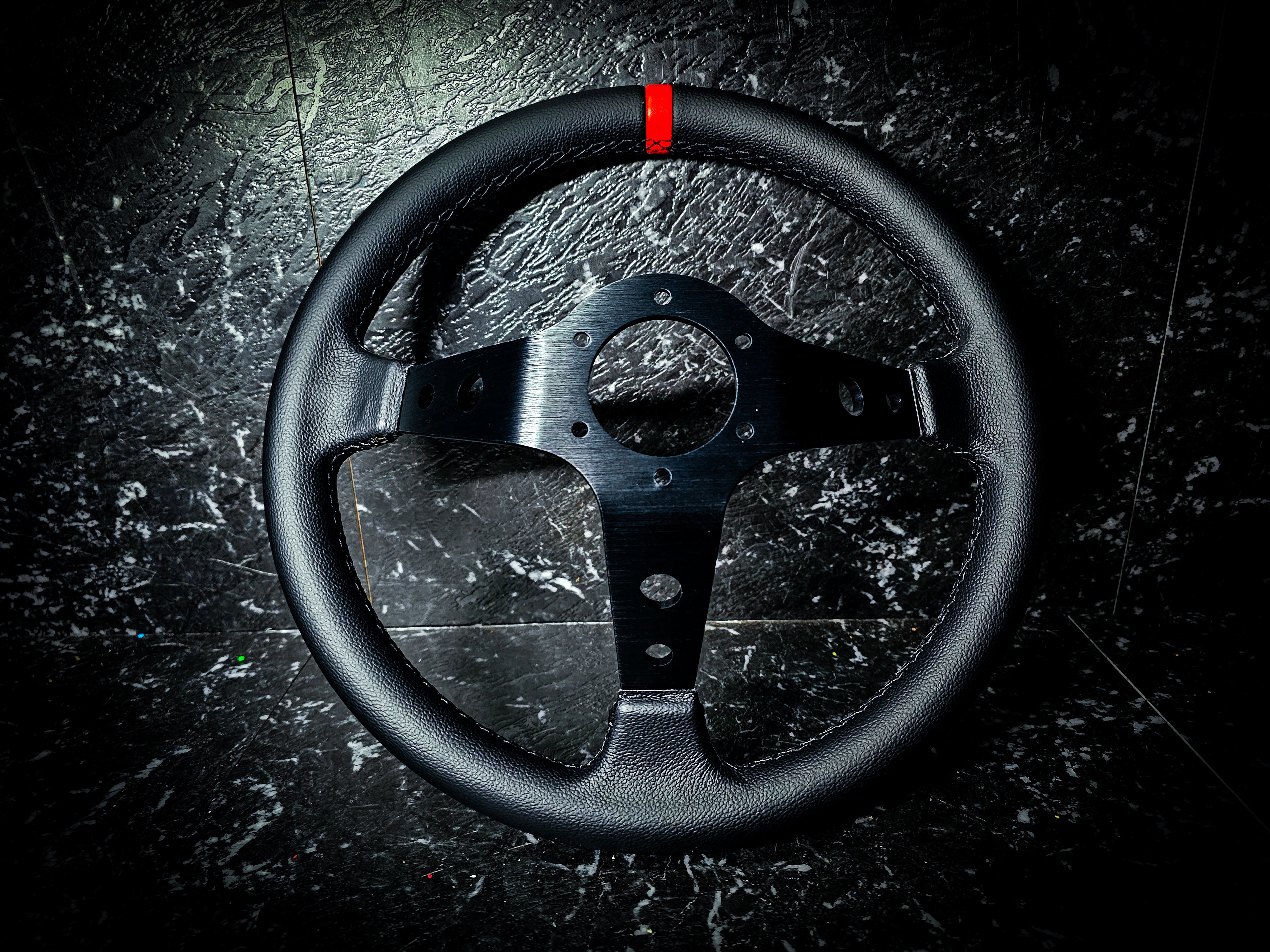 Black Red Lined And Stitched Deep Dished Leather Steering Wheel
