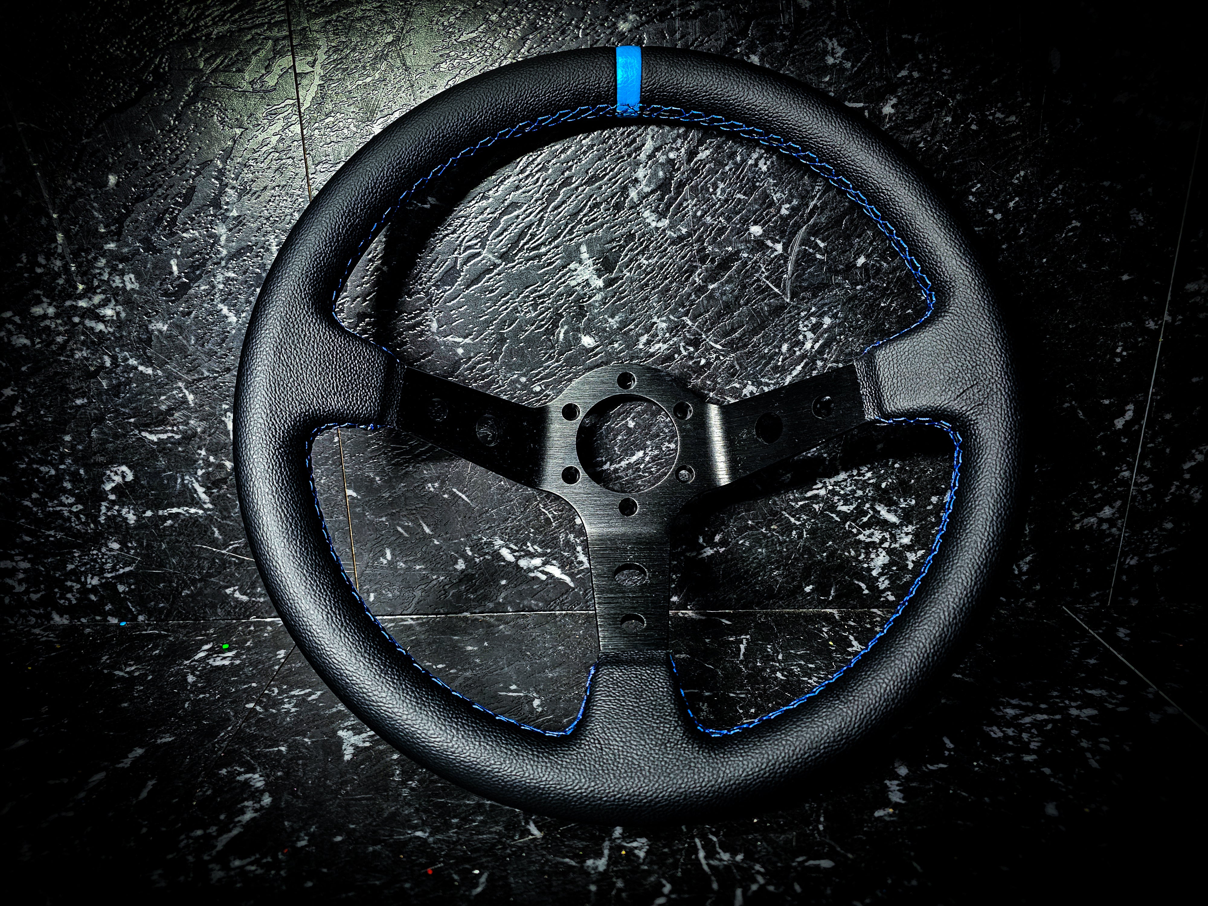 Two Tone Blue and Black Deep Dished Leather Steering Wheel