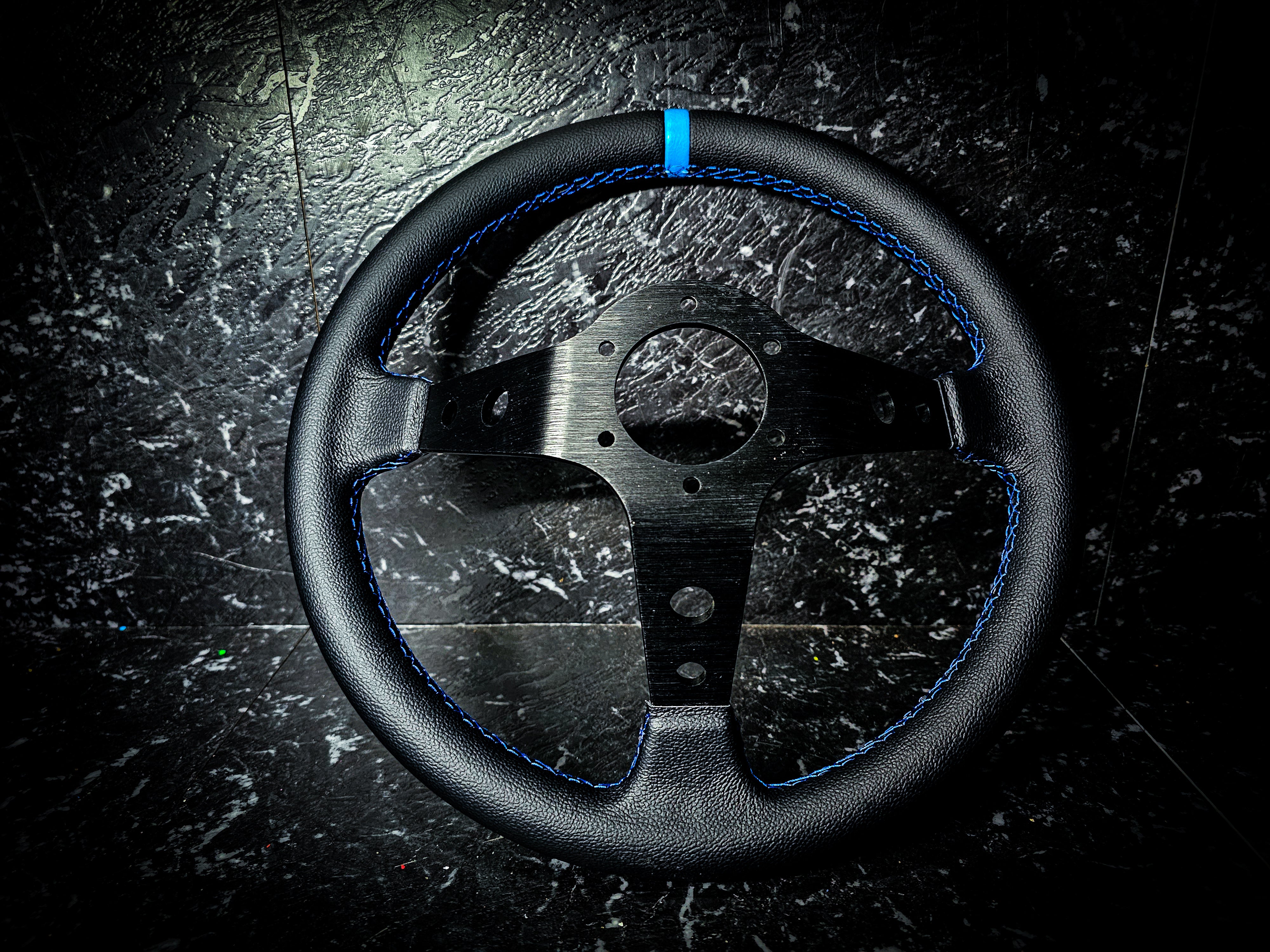 Two Tone Blue and Black Deep Dished Leather Steering Wheel