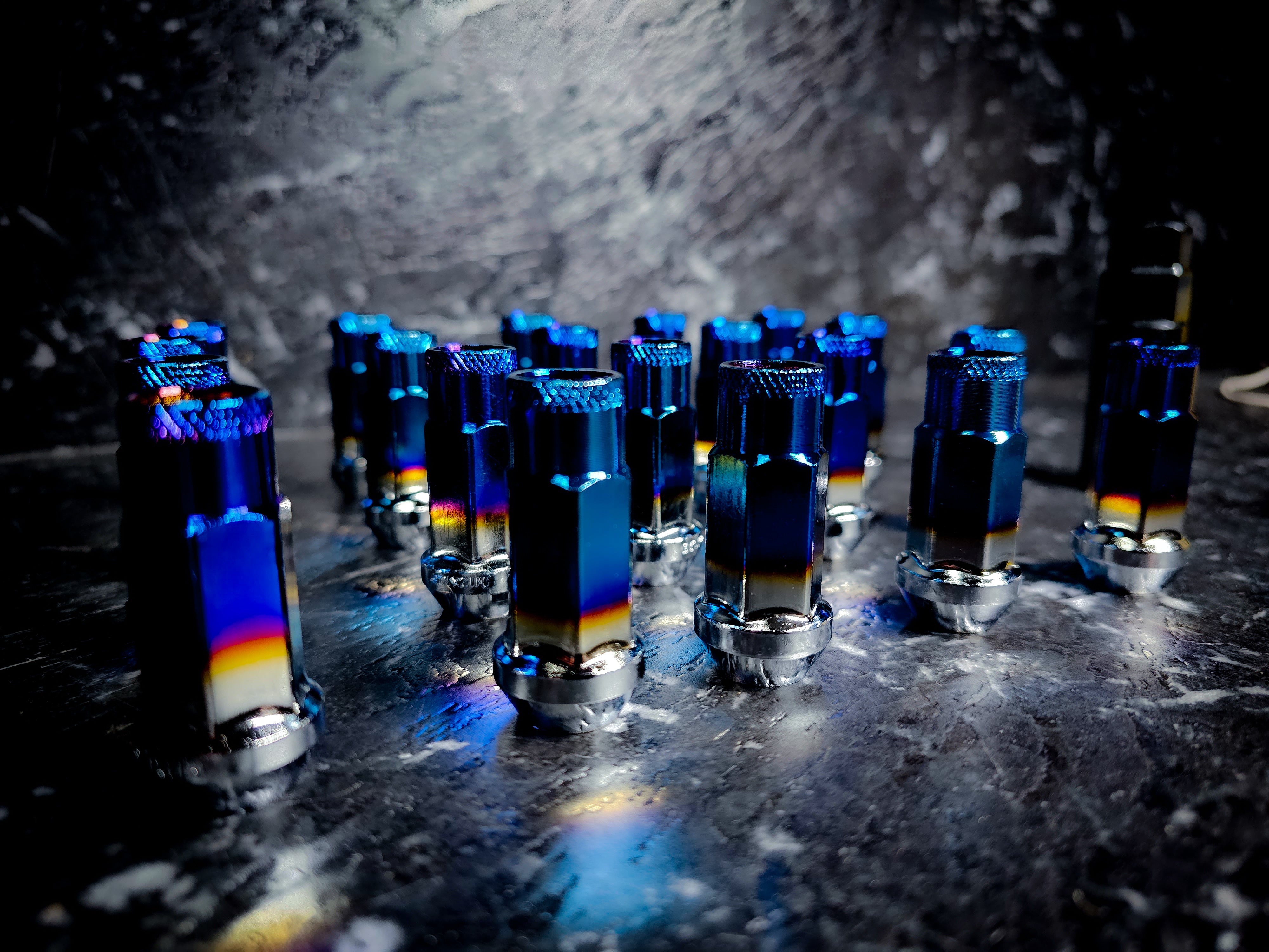 Burnt Blue Titanium Open Ended Steel Wheel Nuts