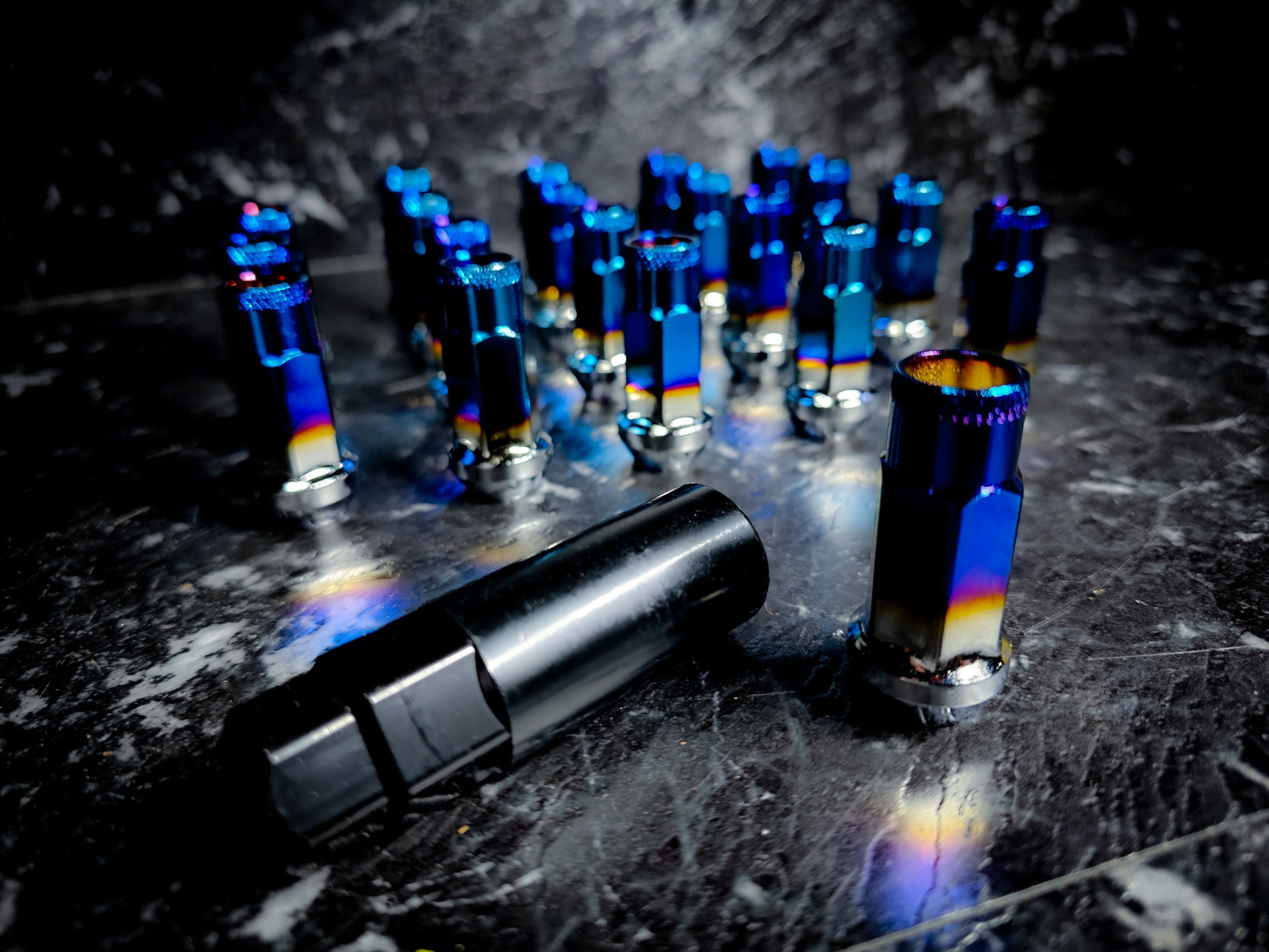 Burnt Blue Titanium Open Ended Steel Wheel Nuts