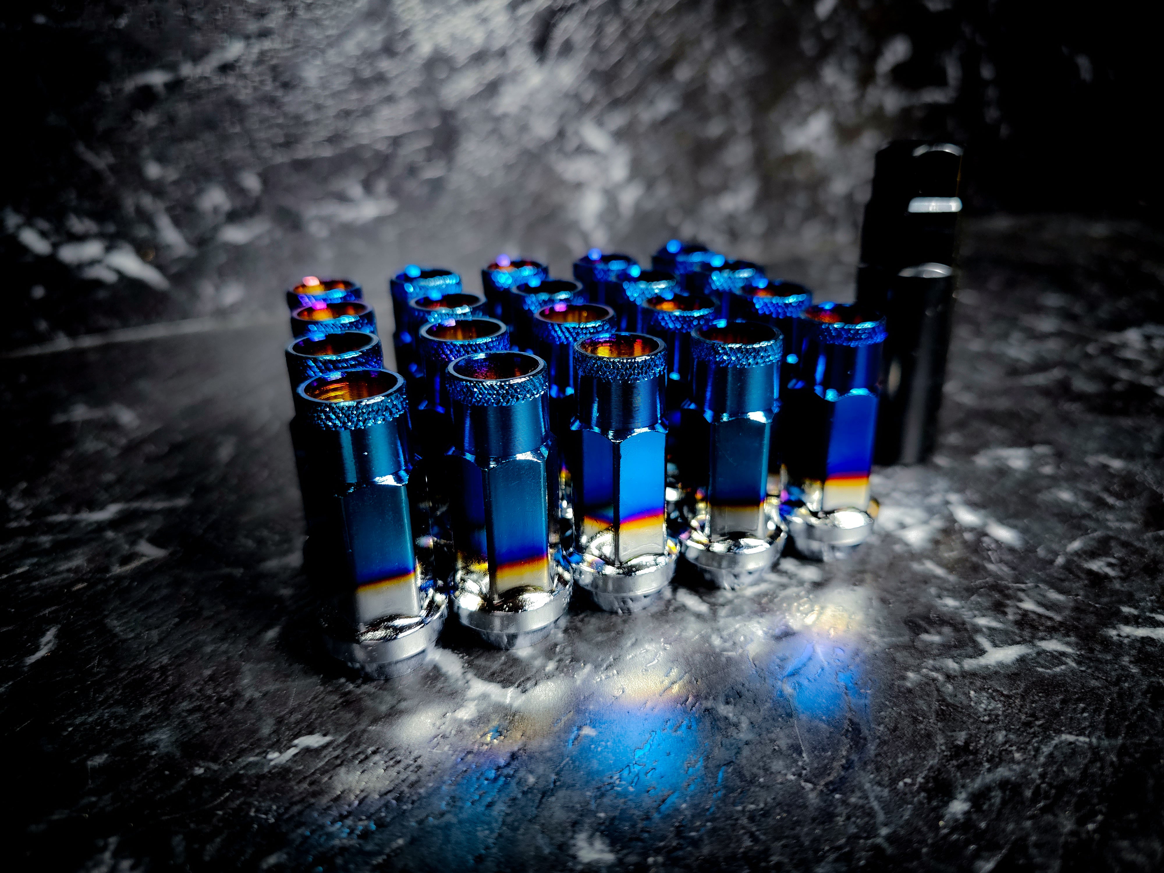Burnt Blue Titanium Open Ended Steel Wheel Nuts