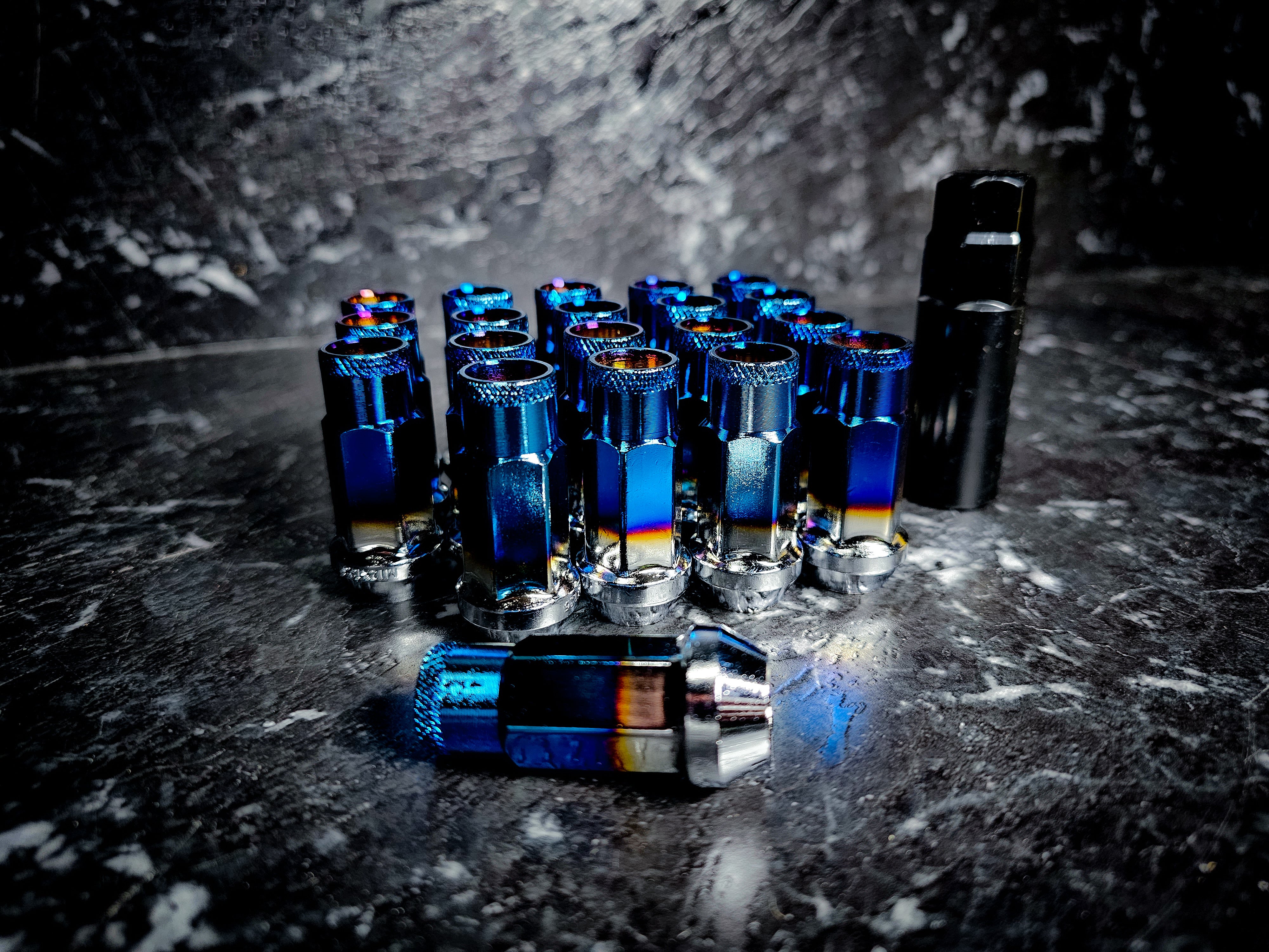Burnt Blue Titanium Open Ended Steel Wheel Nuts