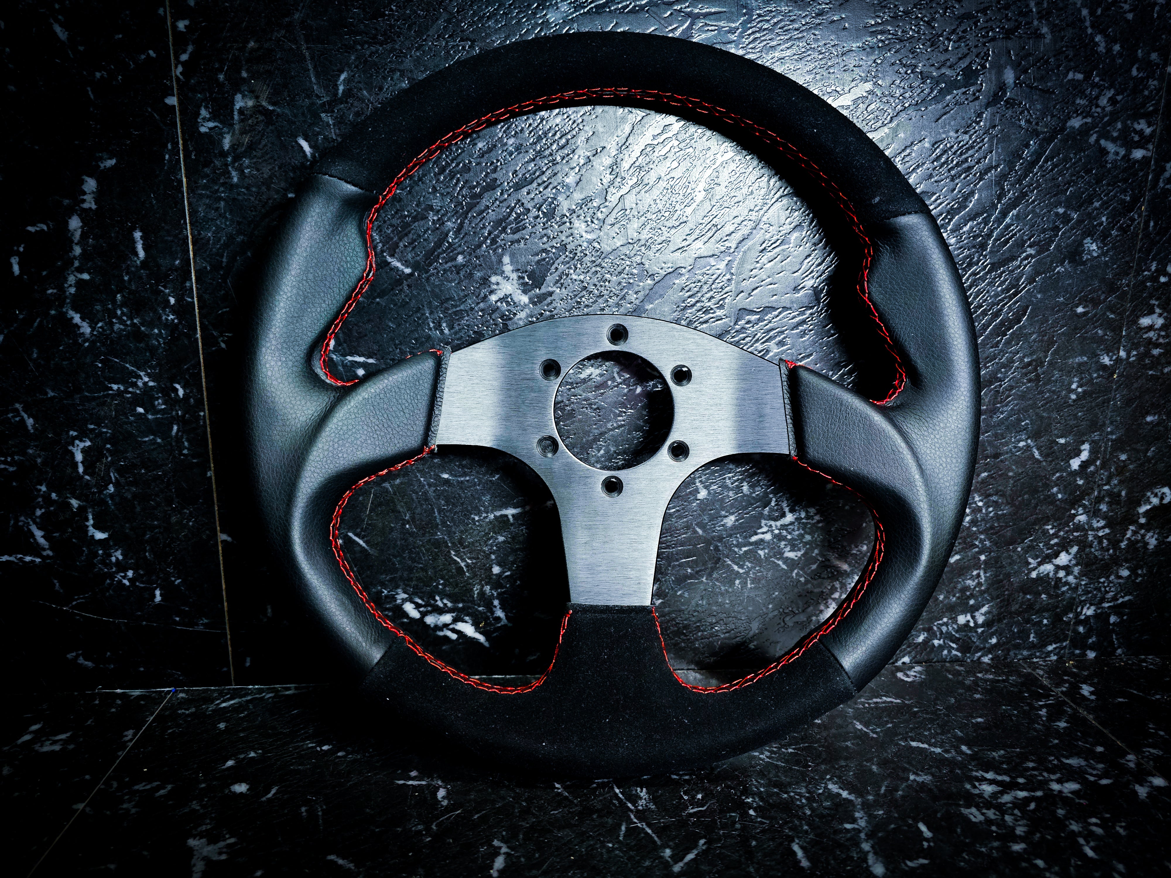 Red Stitch Black Leather and Alcantara Steering Wheel