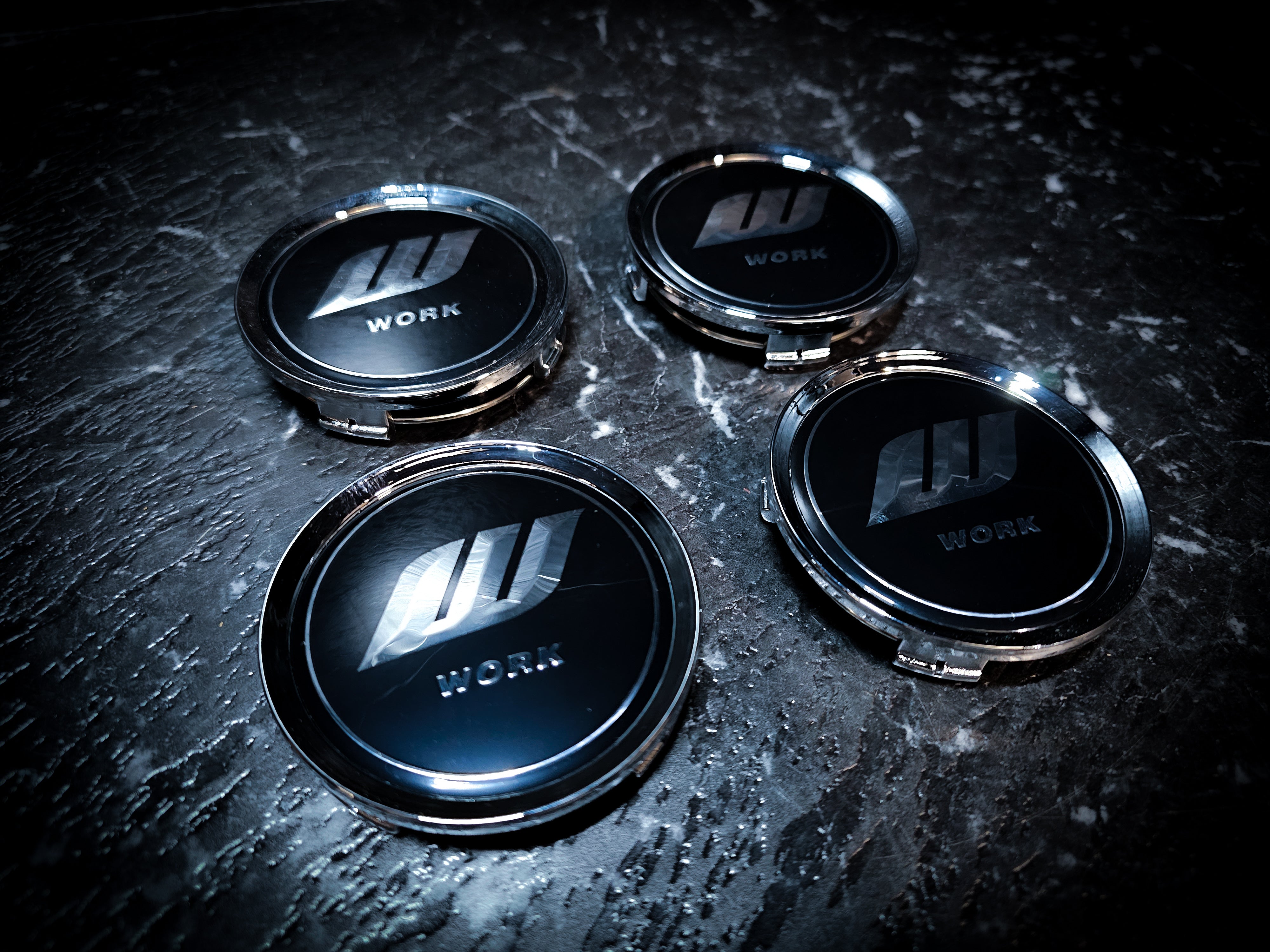WORK Style Silver Lifted Logo Meister S1 3P Black Centre Caps (early generation)