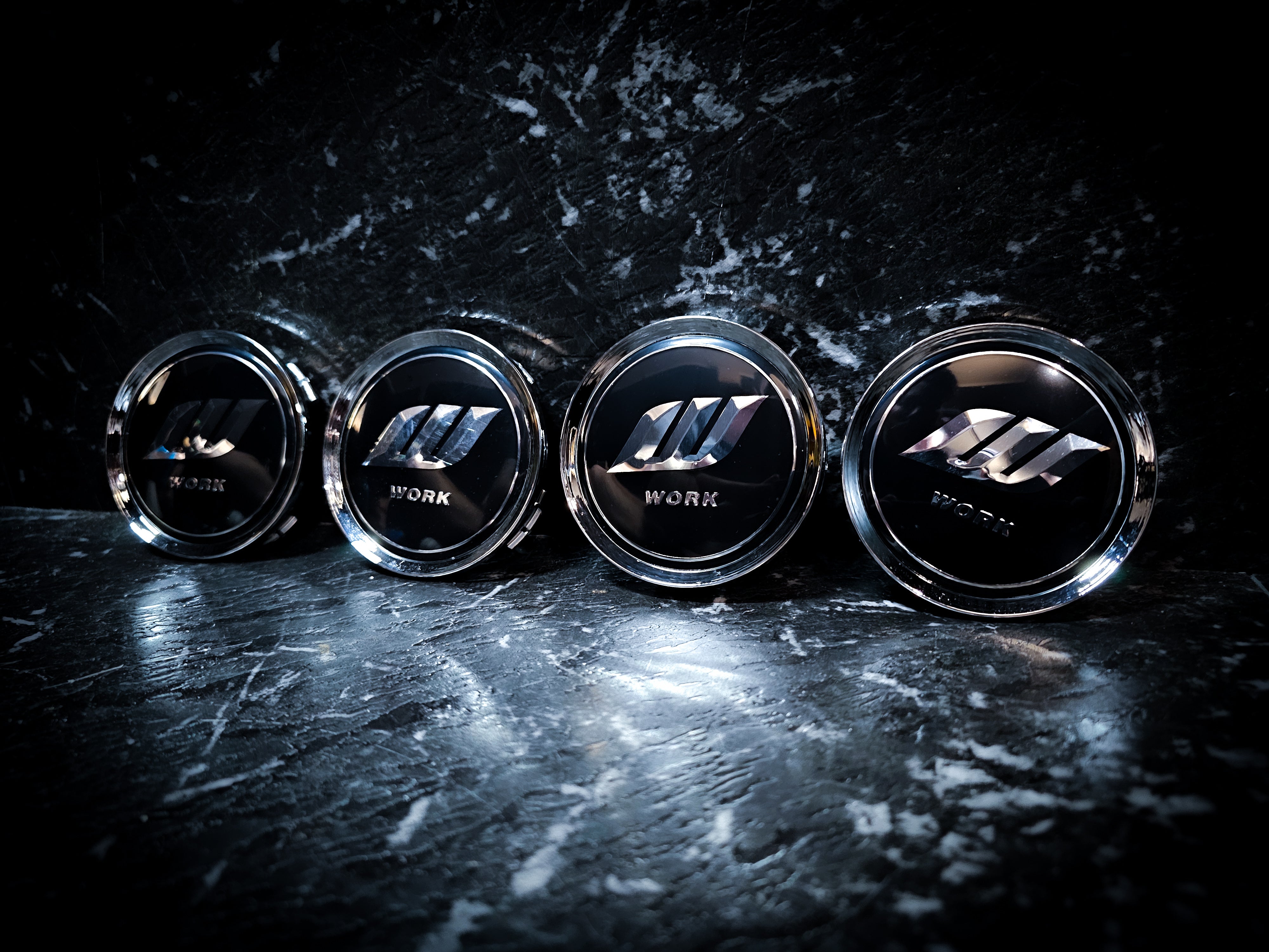 WORK Style Silver Lifted Logo Meister S1 3P Black Centre Caps (early generation)