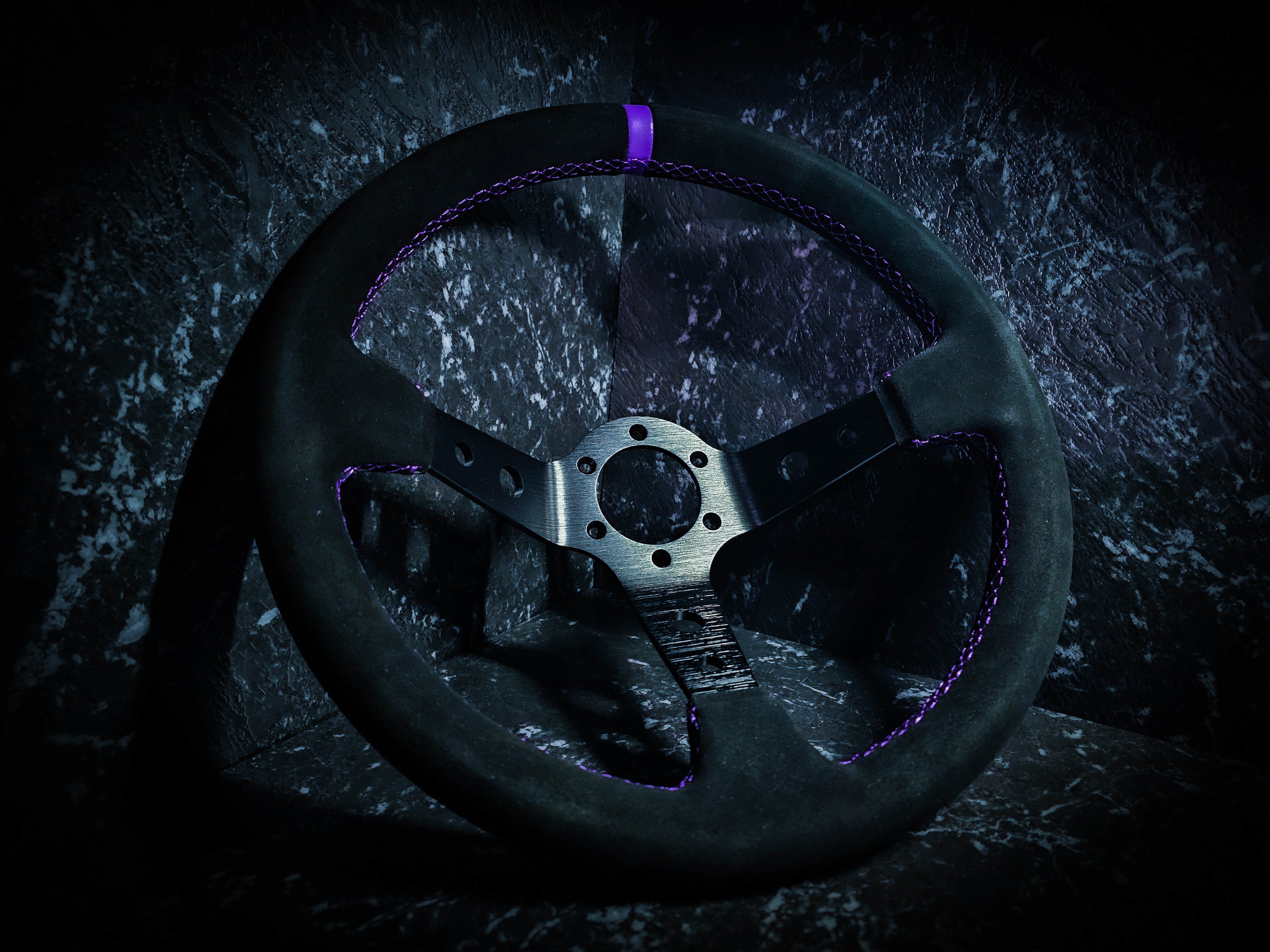 Double Purple and Black Deep Dished Suade Steering Wheel