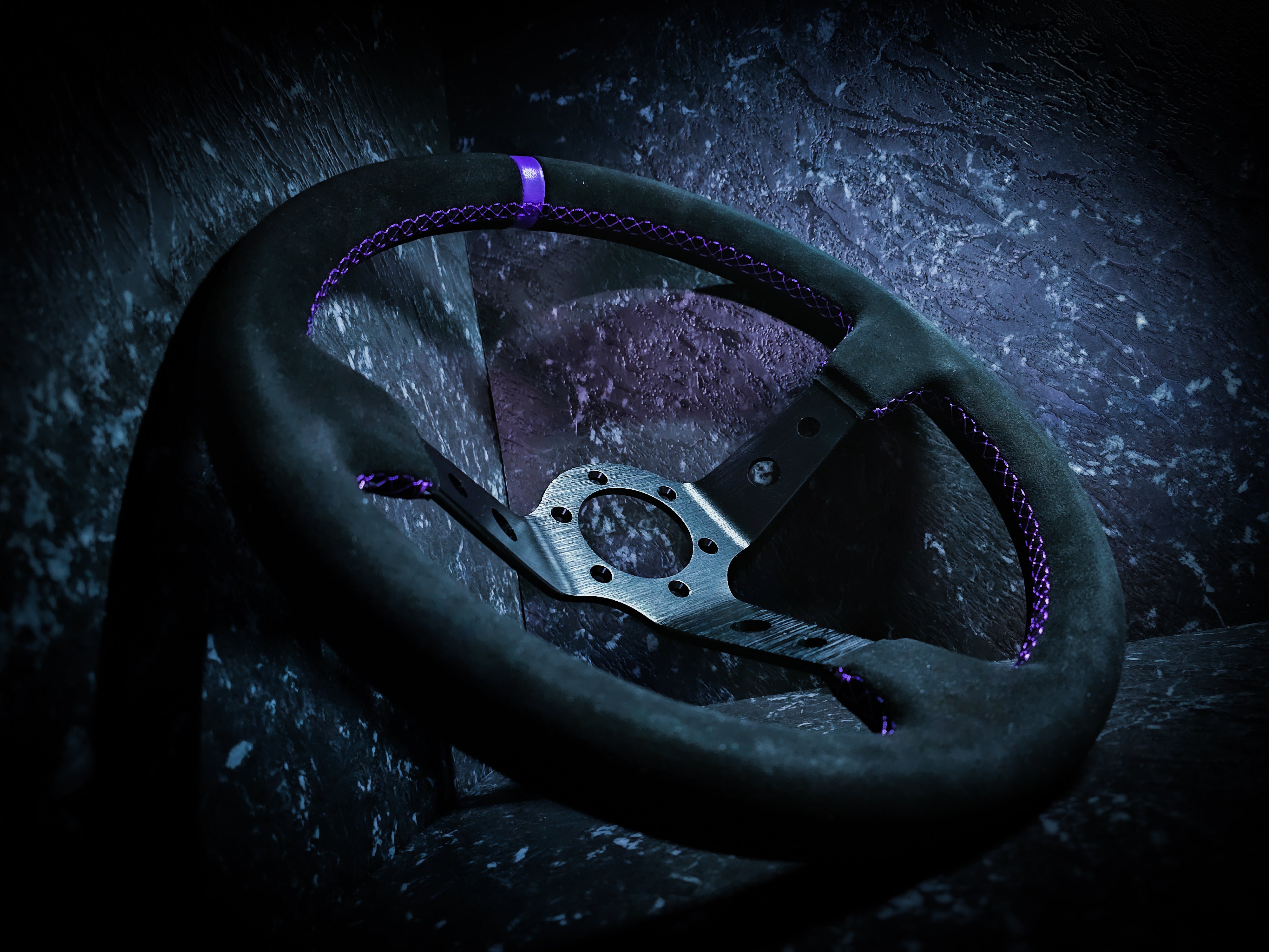 Double Purple and Black Deep Dished Suade Steering Wheel