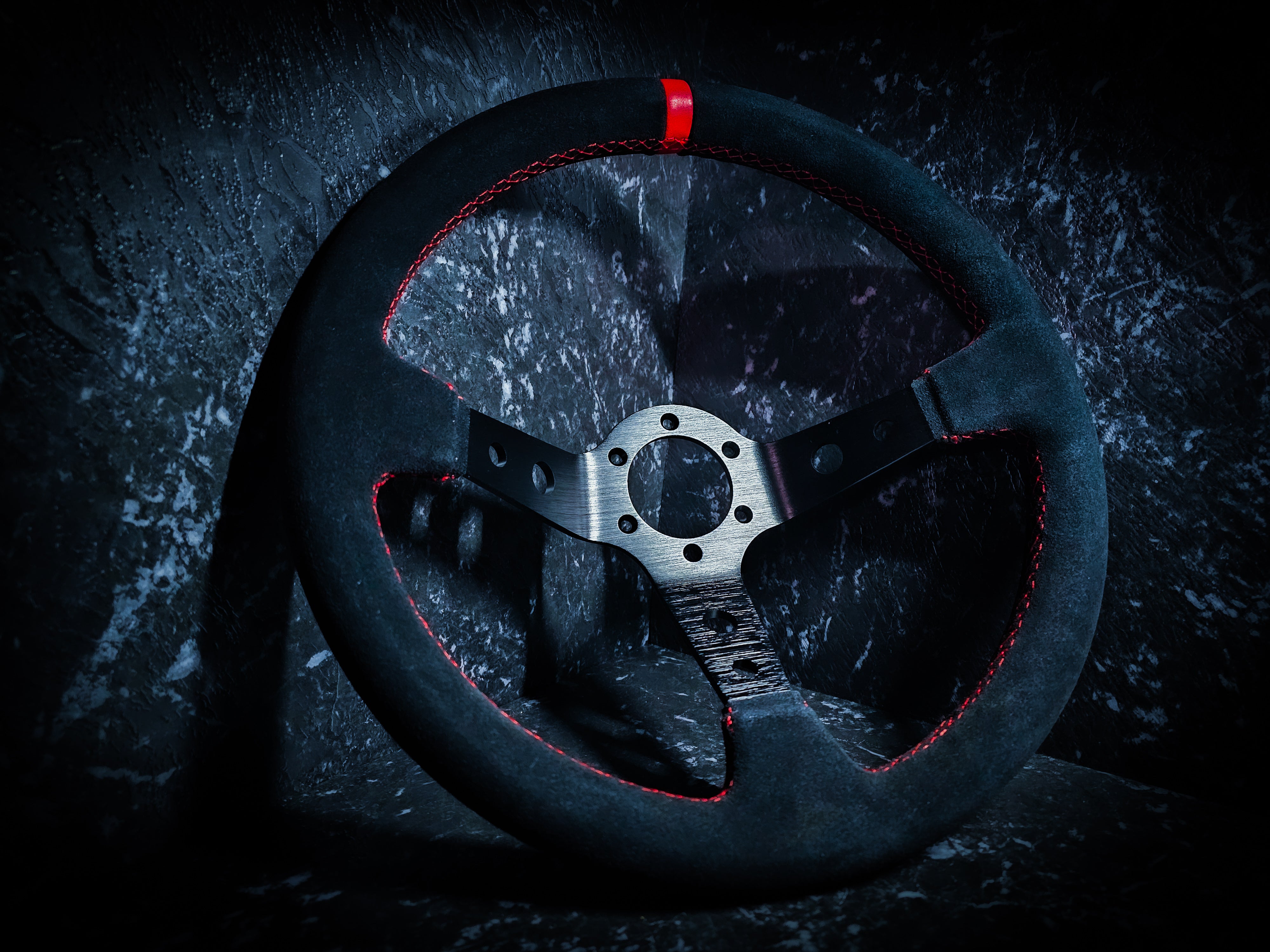 Black Red Lined And Stitched Deep Dished Suade Steering Wheel