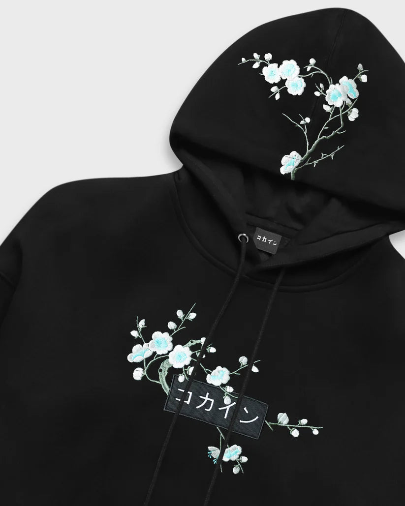KOKAINE ~ "White & Blue Blossom" Embroidered Hoodie // BLACK