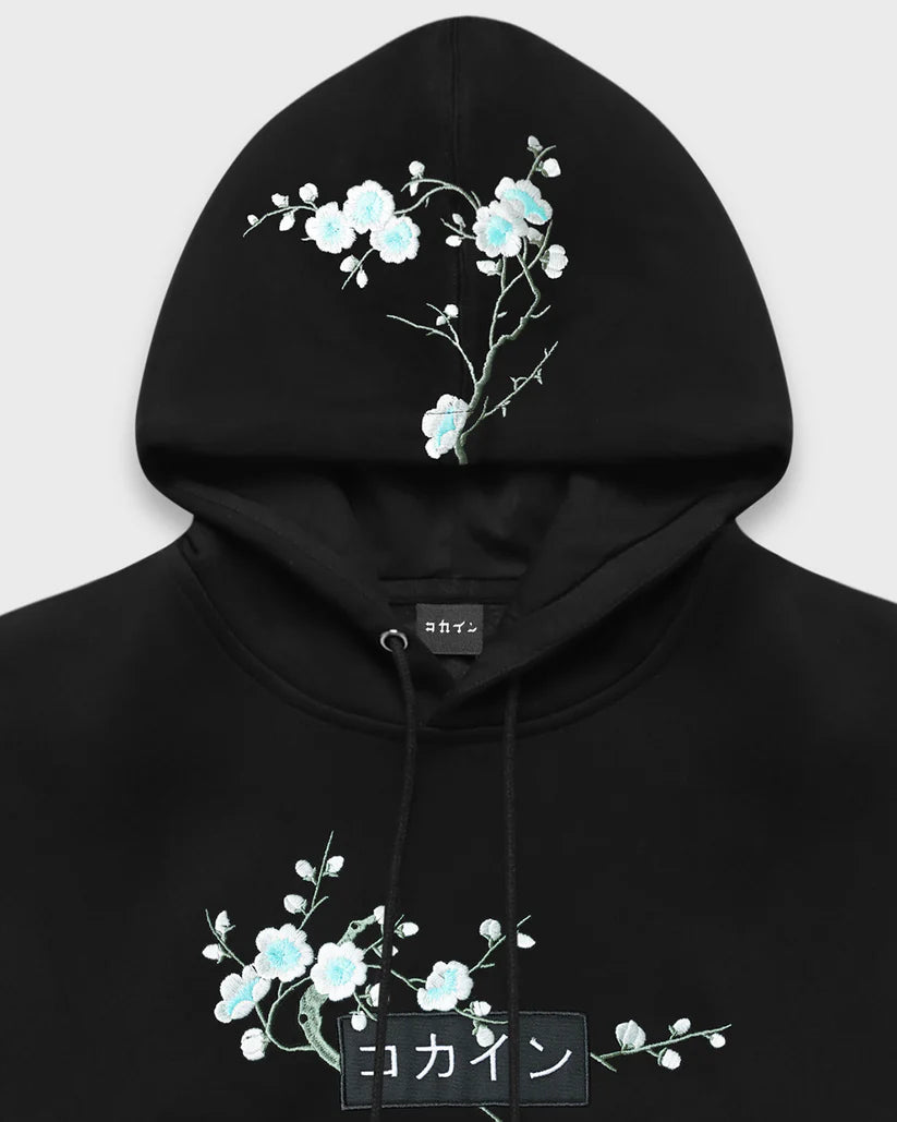 KOKAINE ~ "White & Blue Blossom" Embroidered Hoodie // BLACK