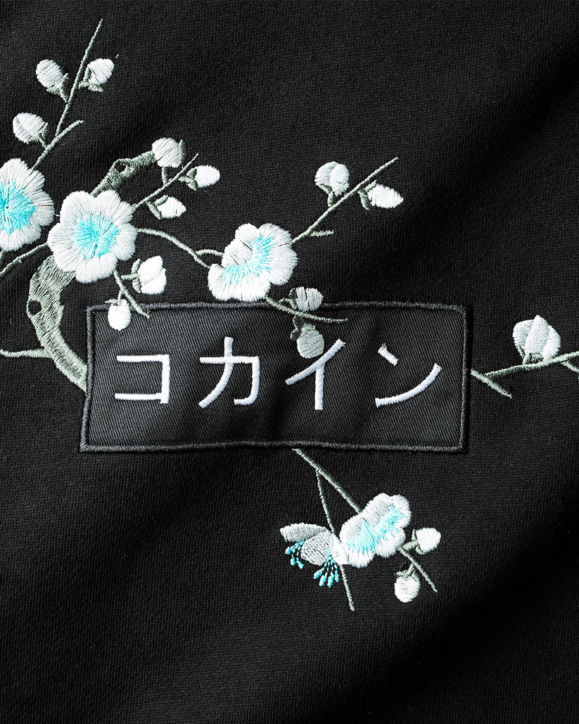 KOKAINE ~ "White & Blue Blossom" Embroidered Hoodie // BLACK