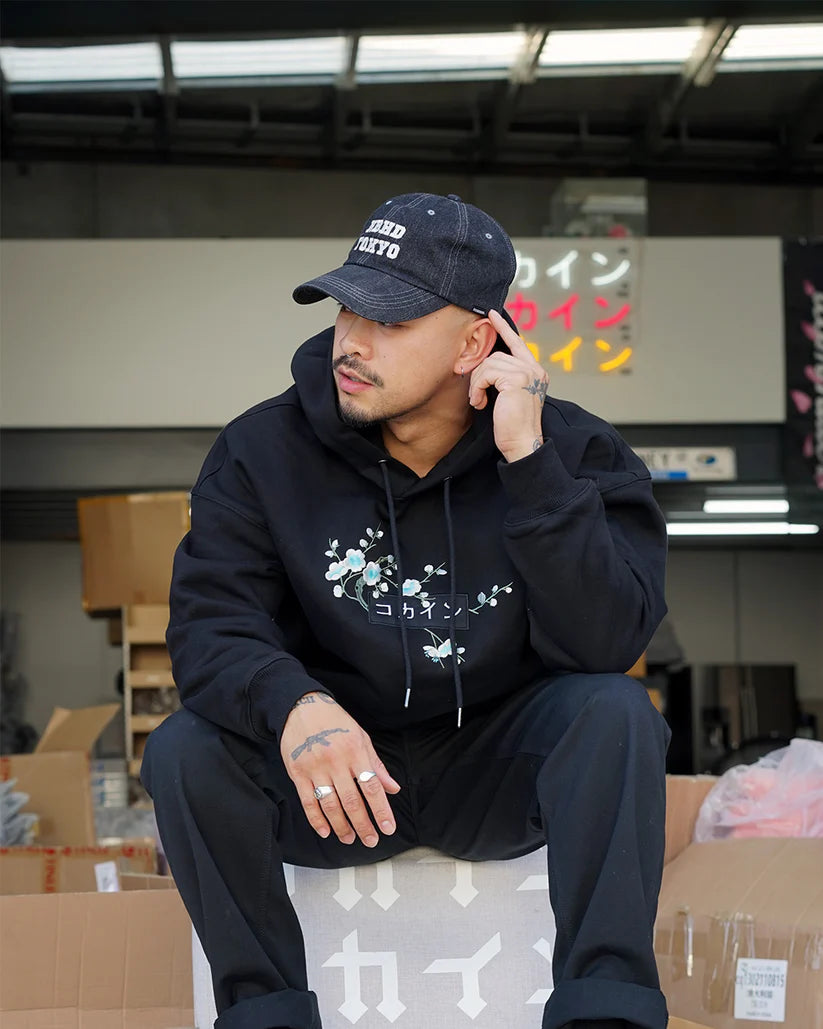 KOKAINE ~ "White & Blue Blossom" Embroidered Hoodie // BLACK