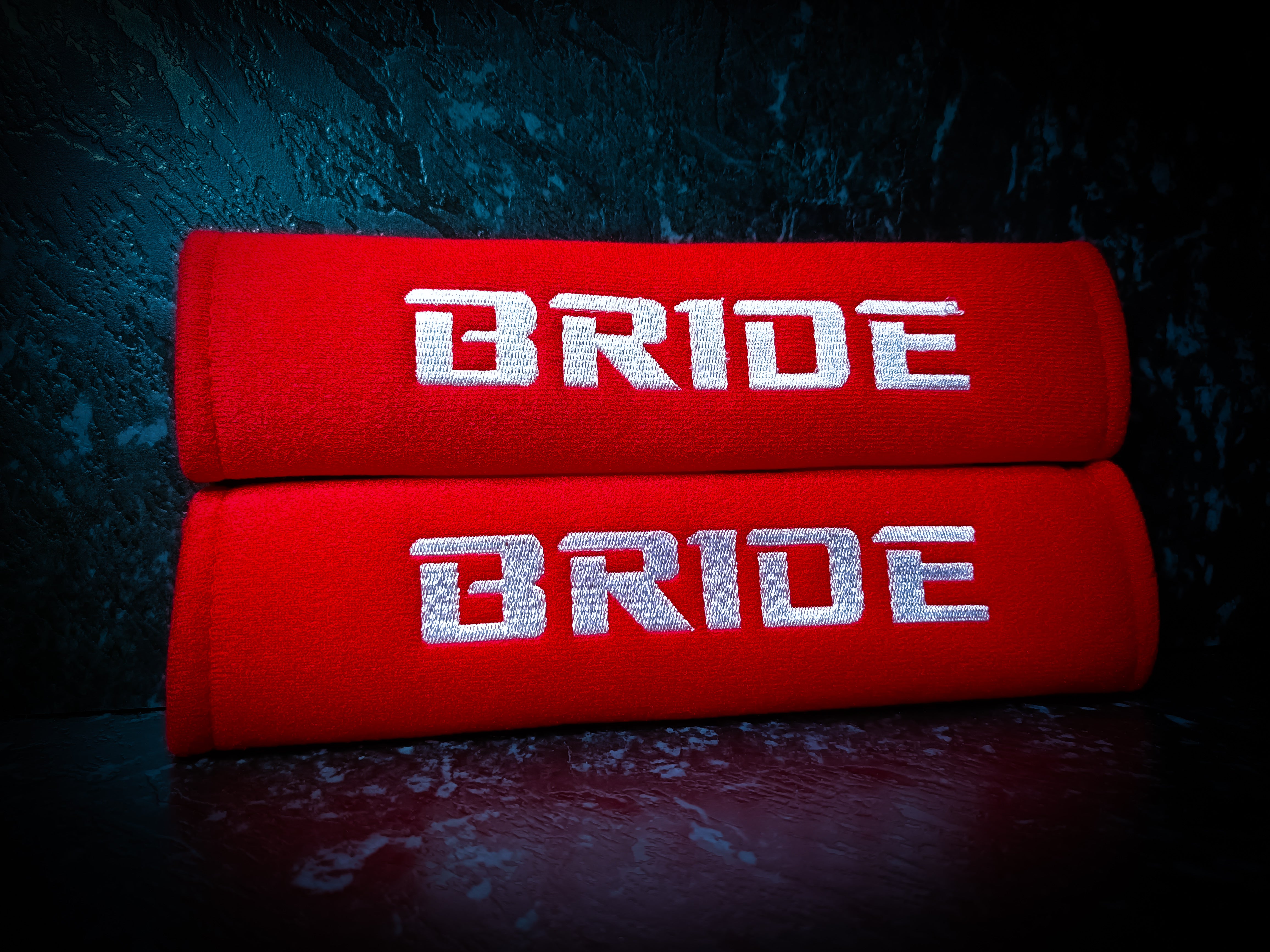 BRIDE Embroidered Red Seat Belt Covers