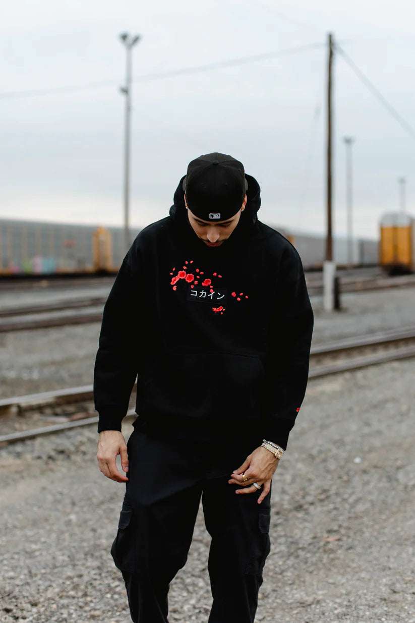 KOKAINE ~ "Red Blossom" Embroidered Hoodie // BLACK