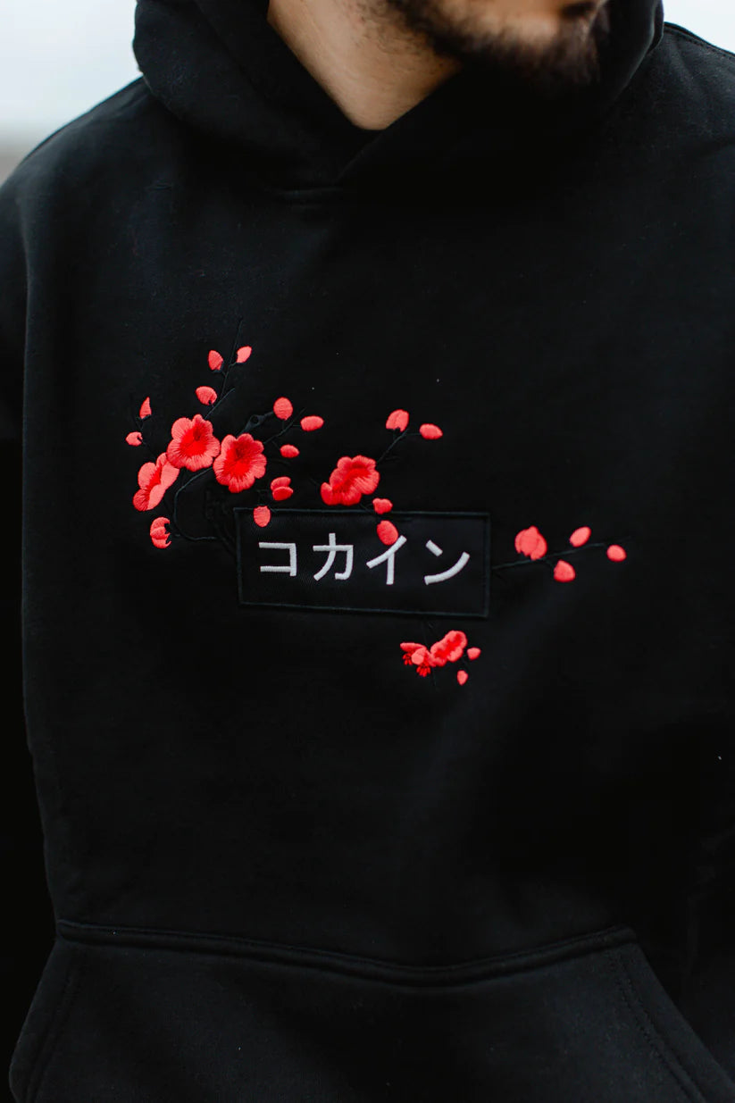 KOKAINE ~ "Red Blossom" Embroidered Hoodie // BLACK