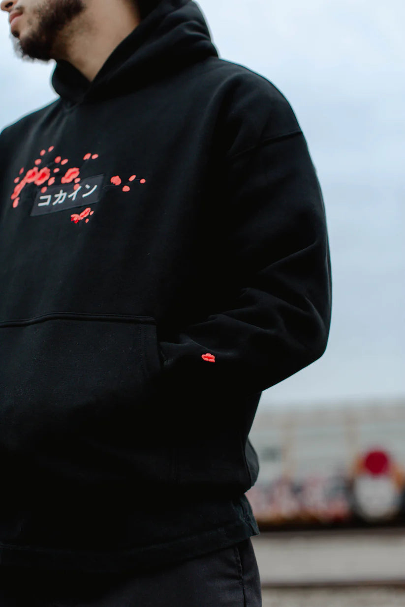 KOKAINE ~ "Red Blossom" Embroidered Hoodie // BLACK