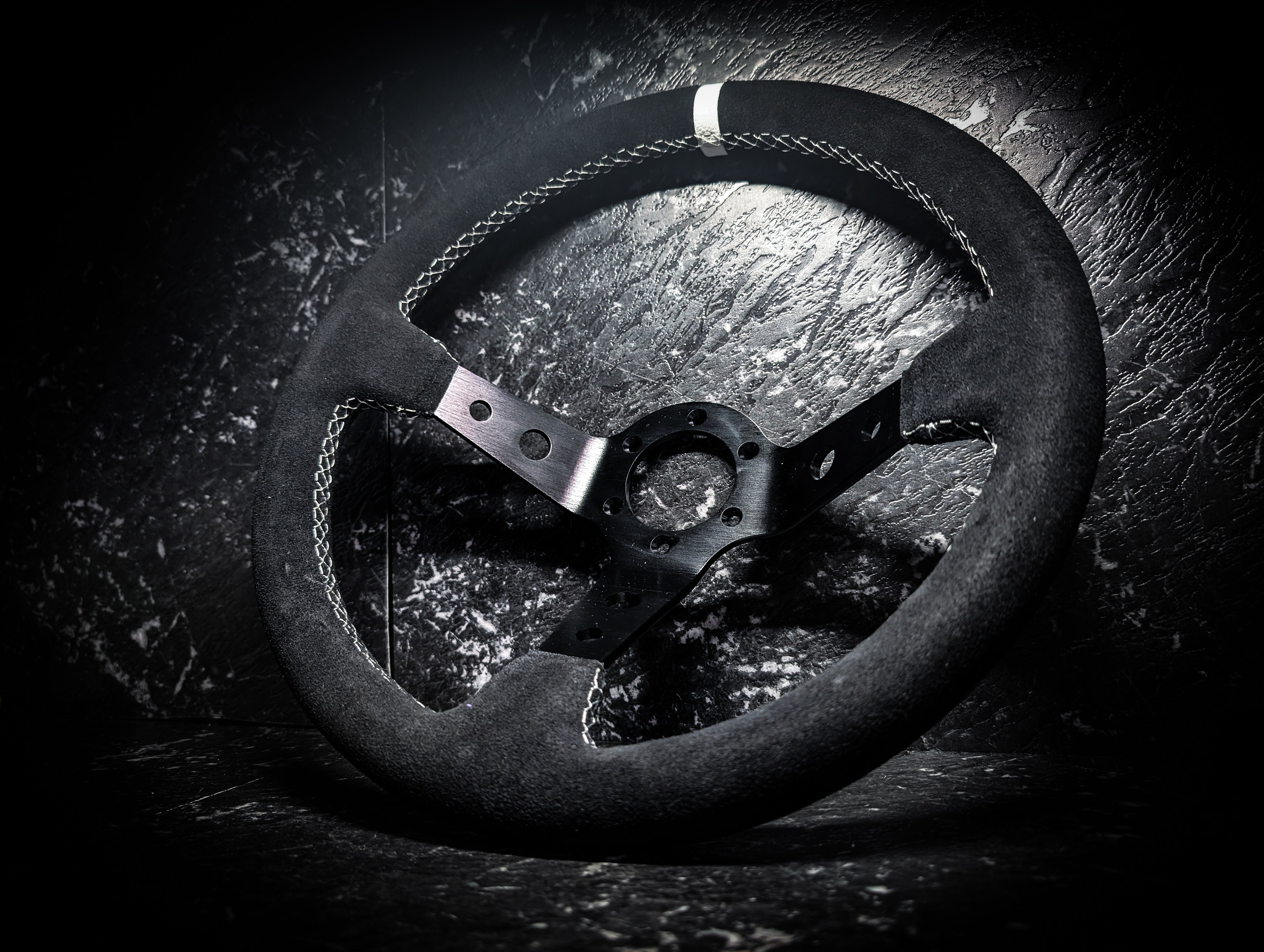 White Stitch • Black Alcantara Deep Dished 350mm Steering Wheel