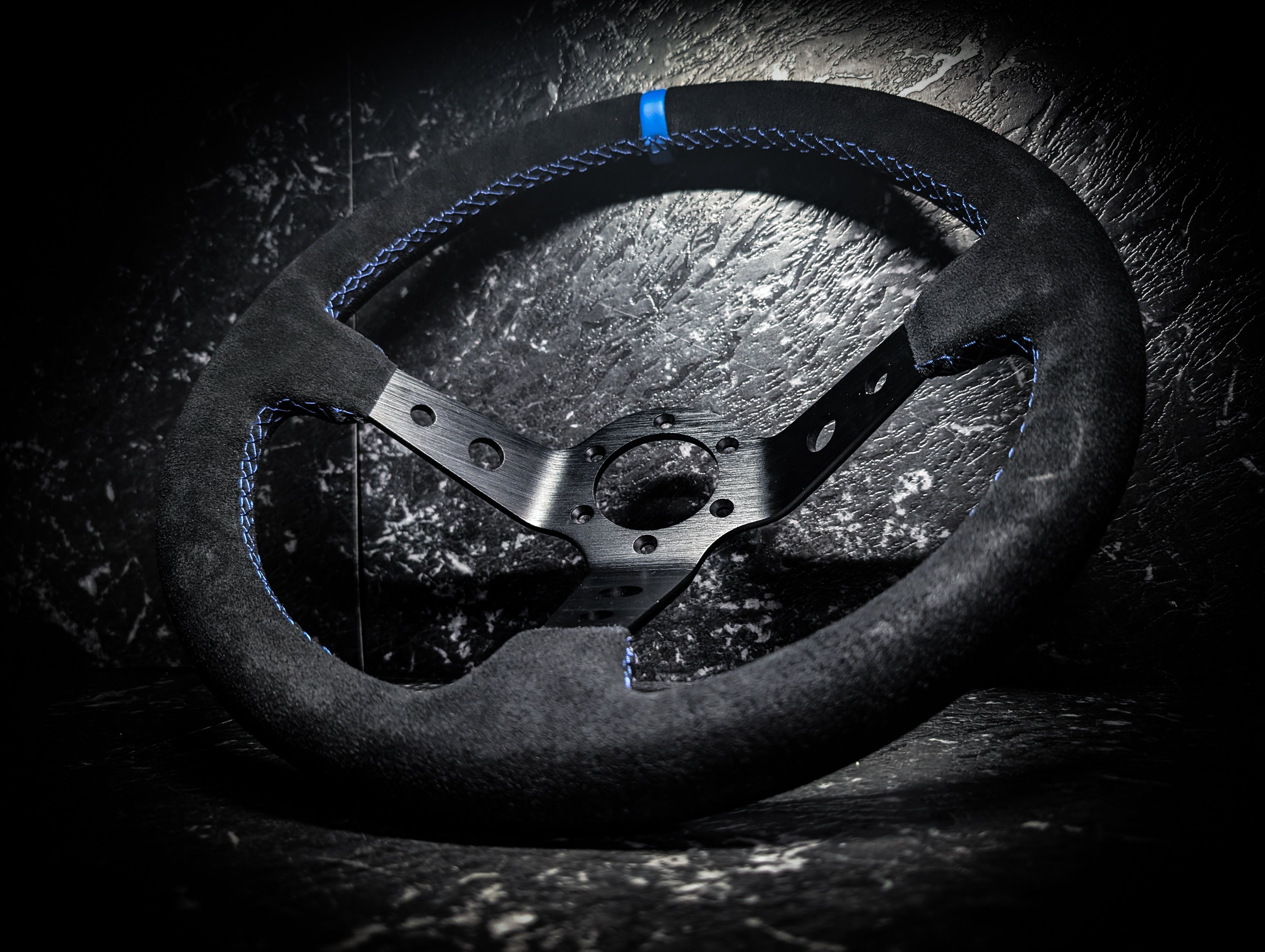 Blue Stitch • Black Alcantara Deep Dished 350mm Steering Wheel