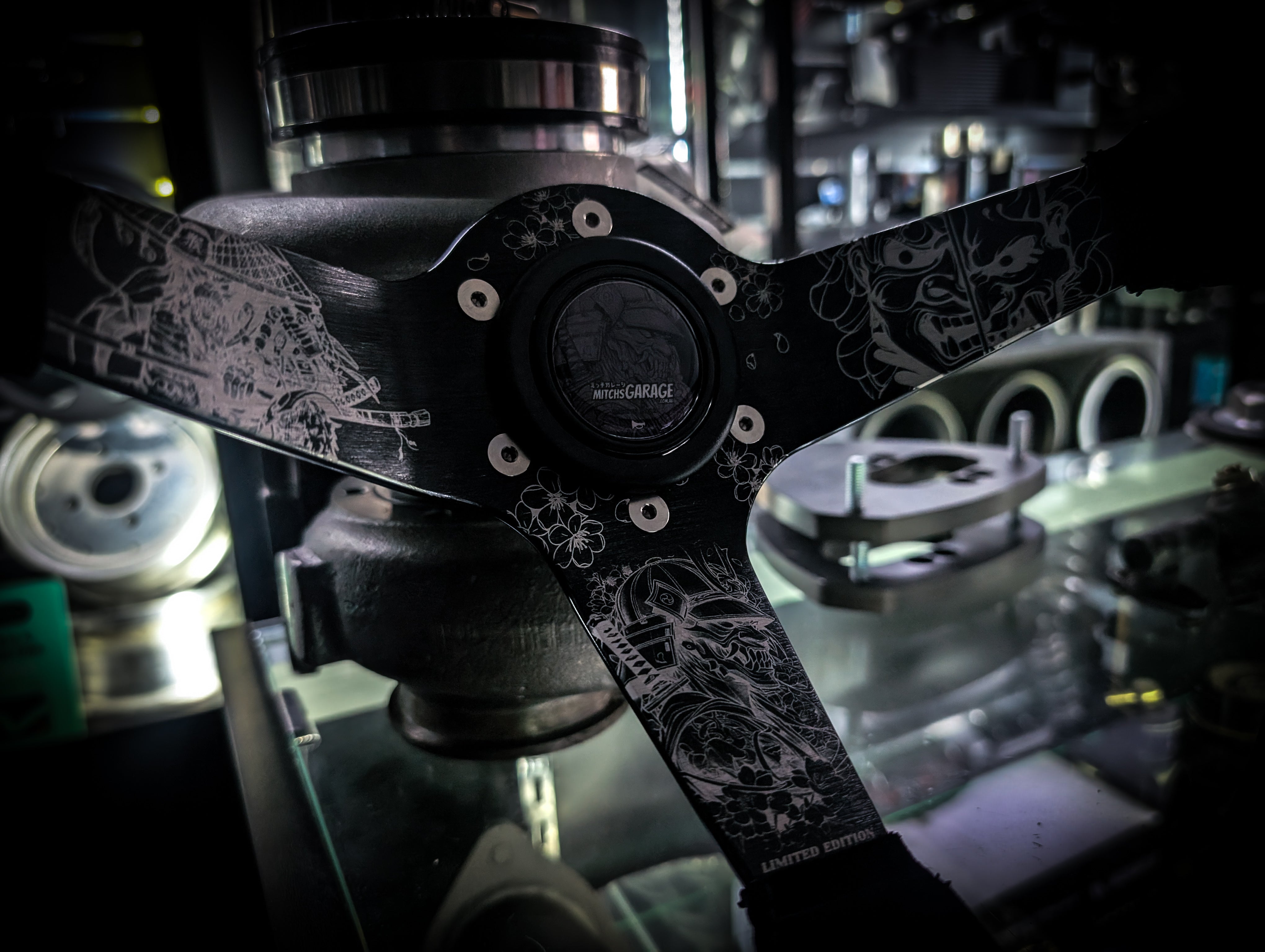 Traditional Japanese Hannya Mask Lazer Etched Deep Dished Alcantara Suade Steering Wheel
