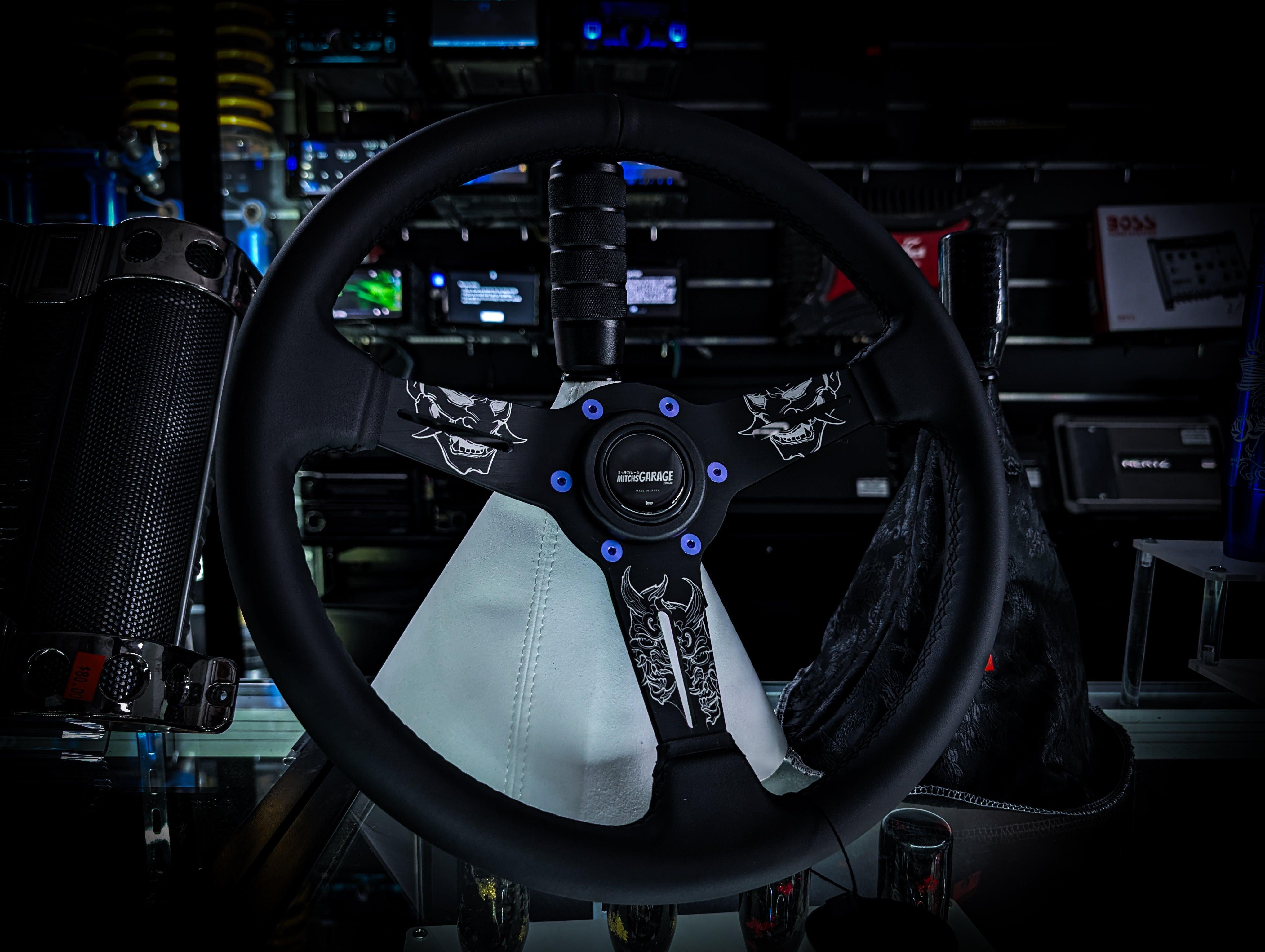 LAZER ETCHED Traditional Oni Mask Triple Black Leather Standard Steering Wheel