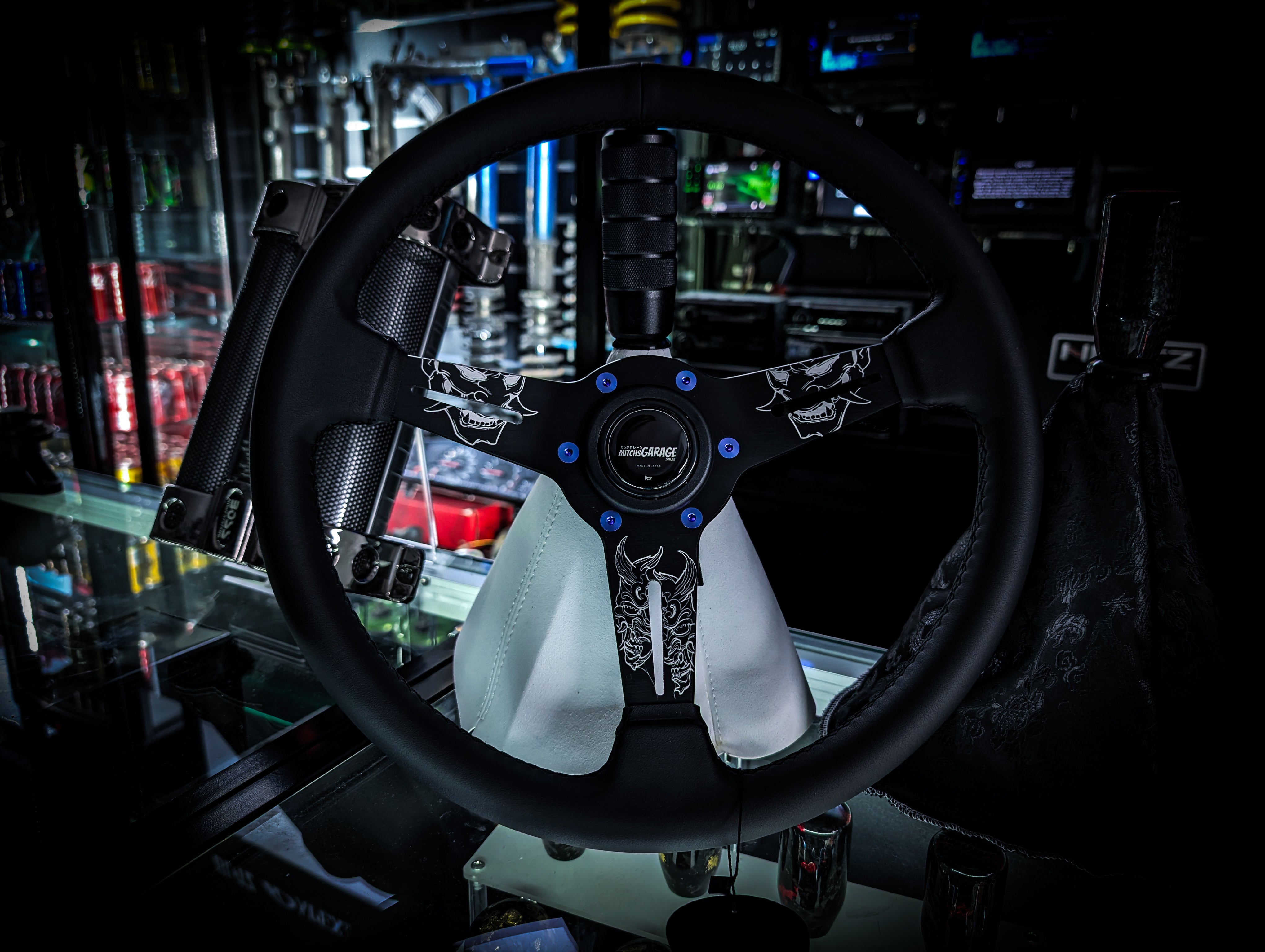 LAZER ETCHED Traditional Oni Mask Triple Black Leather Standard Steering Wheel