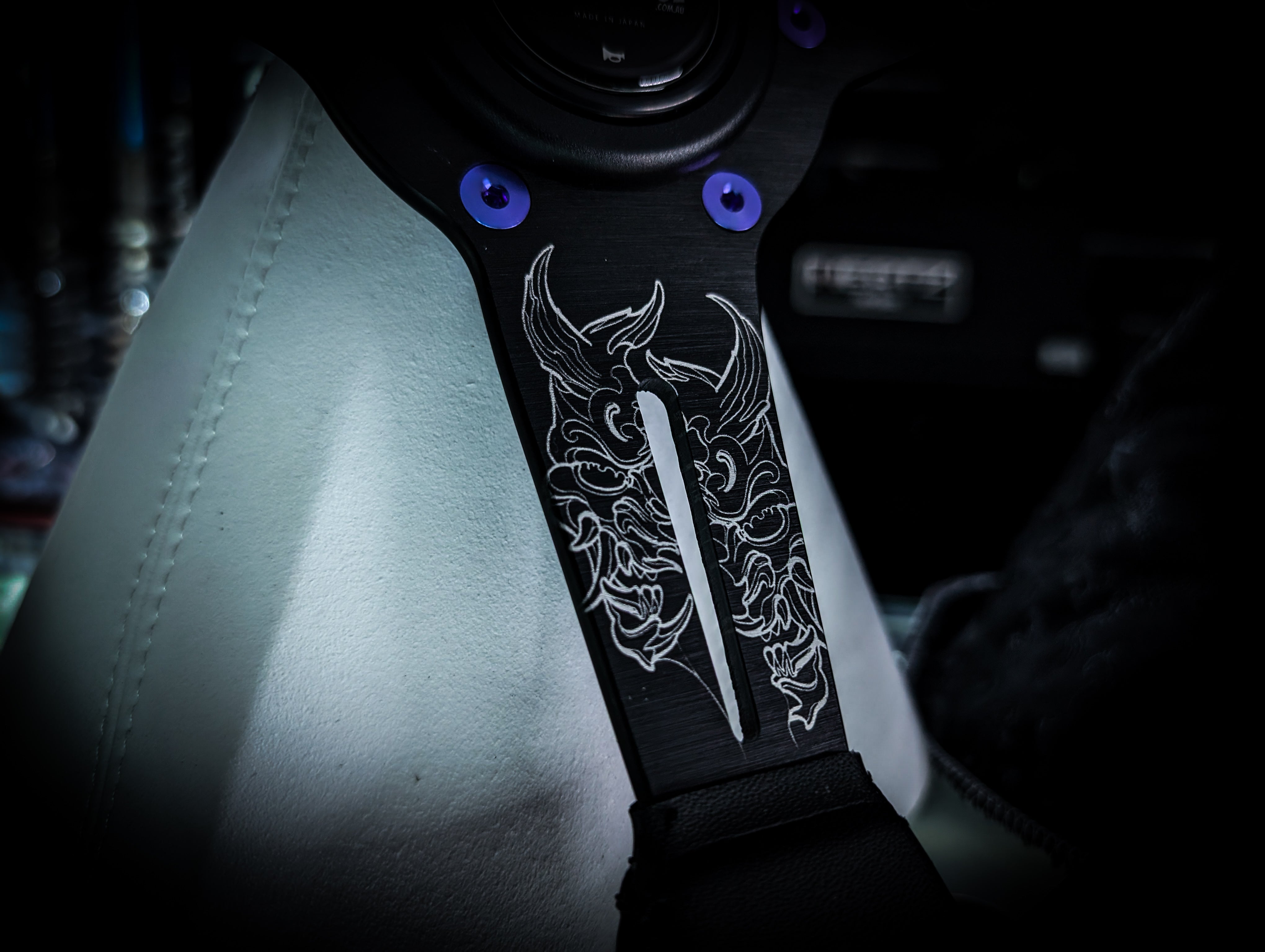 LAZER ETCHED Traditional Oni Mask Triple Black Leather Standard Steering Wheel
