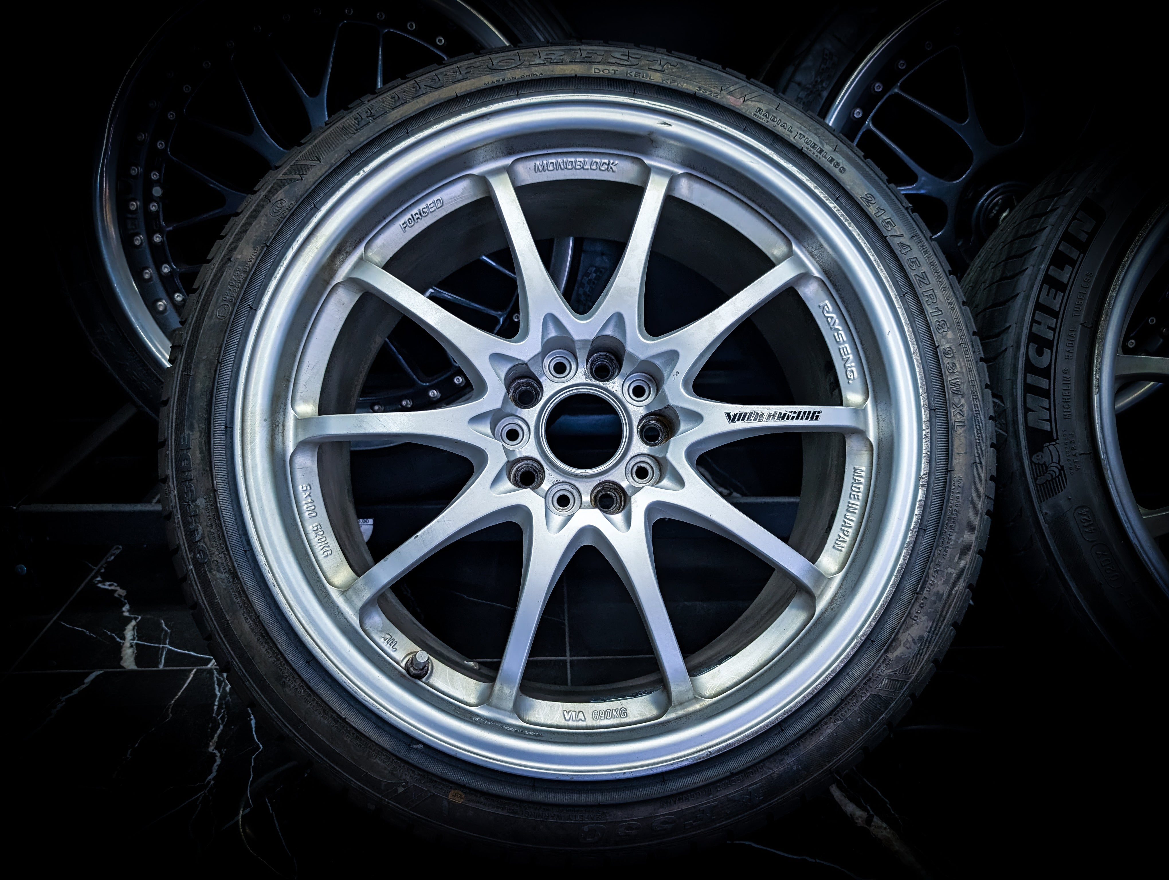 18" VOLK RAYS CE28 Silver Staggared Wheels x 4