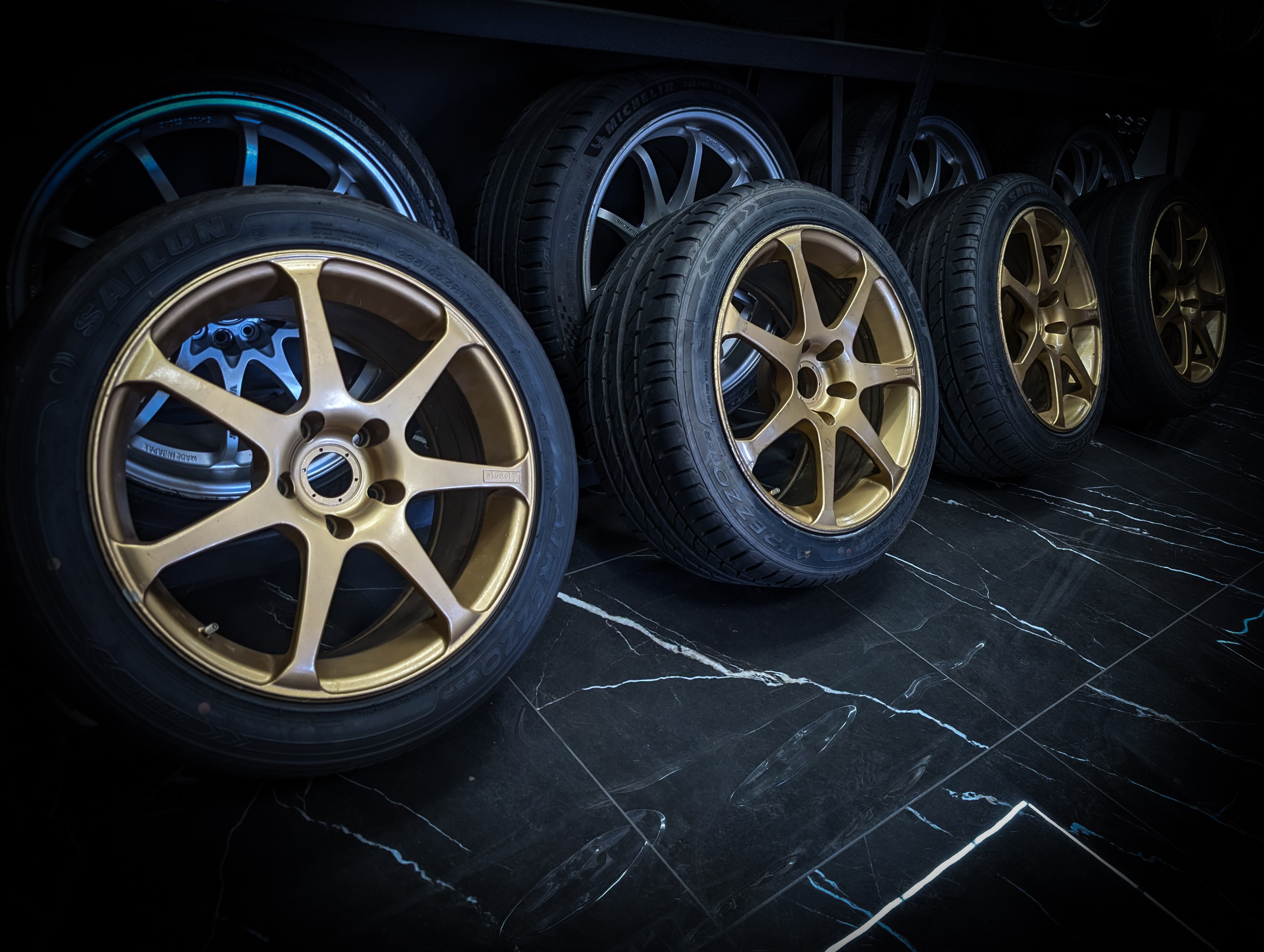 17" YOKOHAMA ADVAN AVS MODEL 7 Gold Staggared Wheels x 4