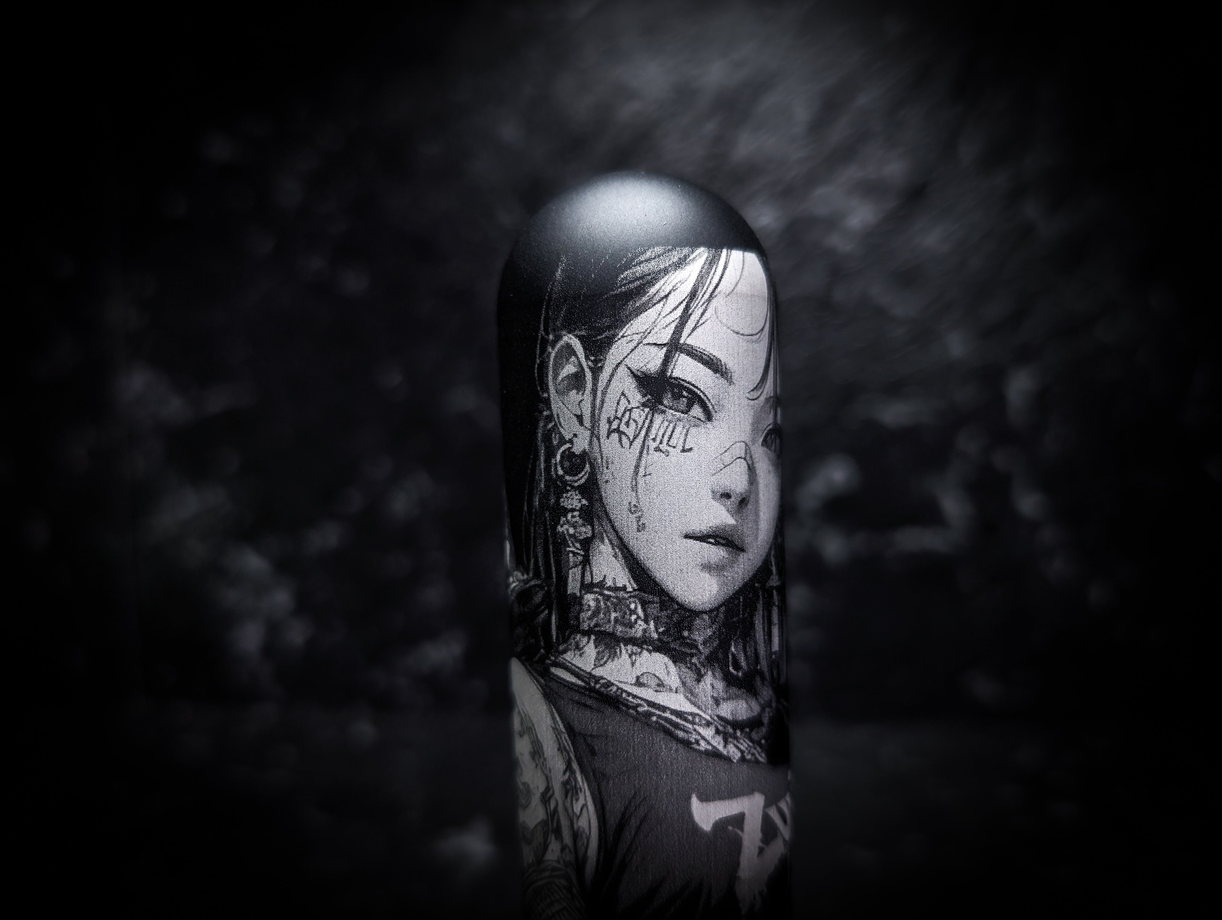 Cute Tattooed Anime Girl Lazer Etch • Anodized Black V3 Manual Gear Knob