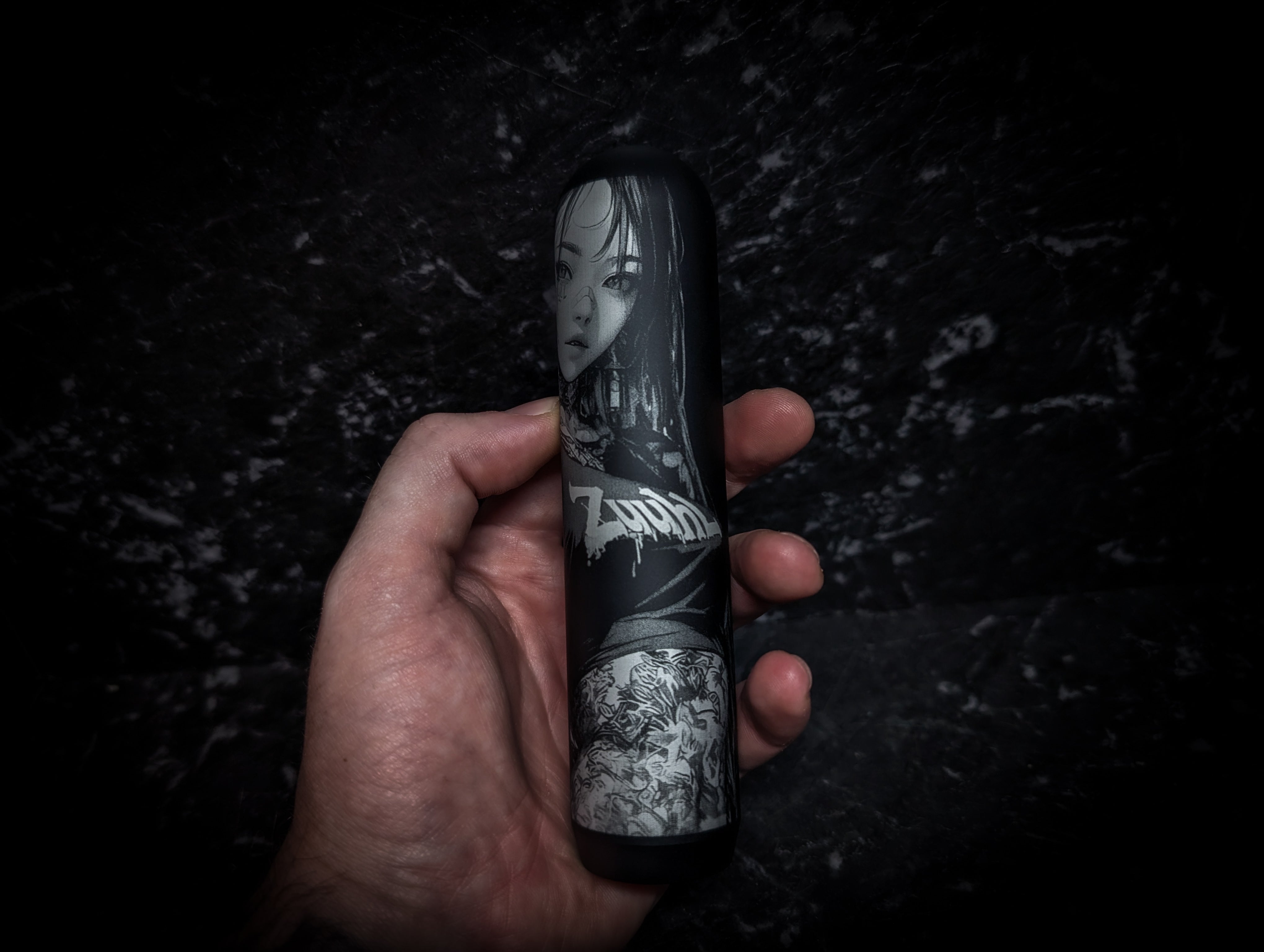 Cute Tattooed Anime Girl Lazer Etch • Anodized Black V3 Manual Gear Knob