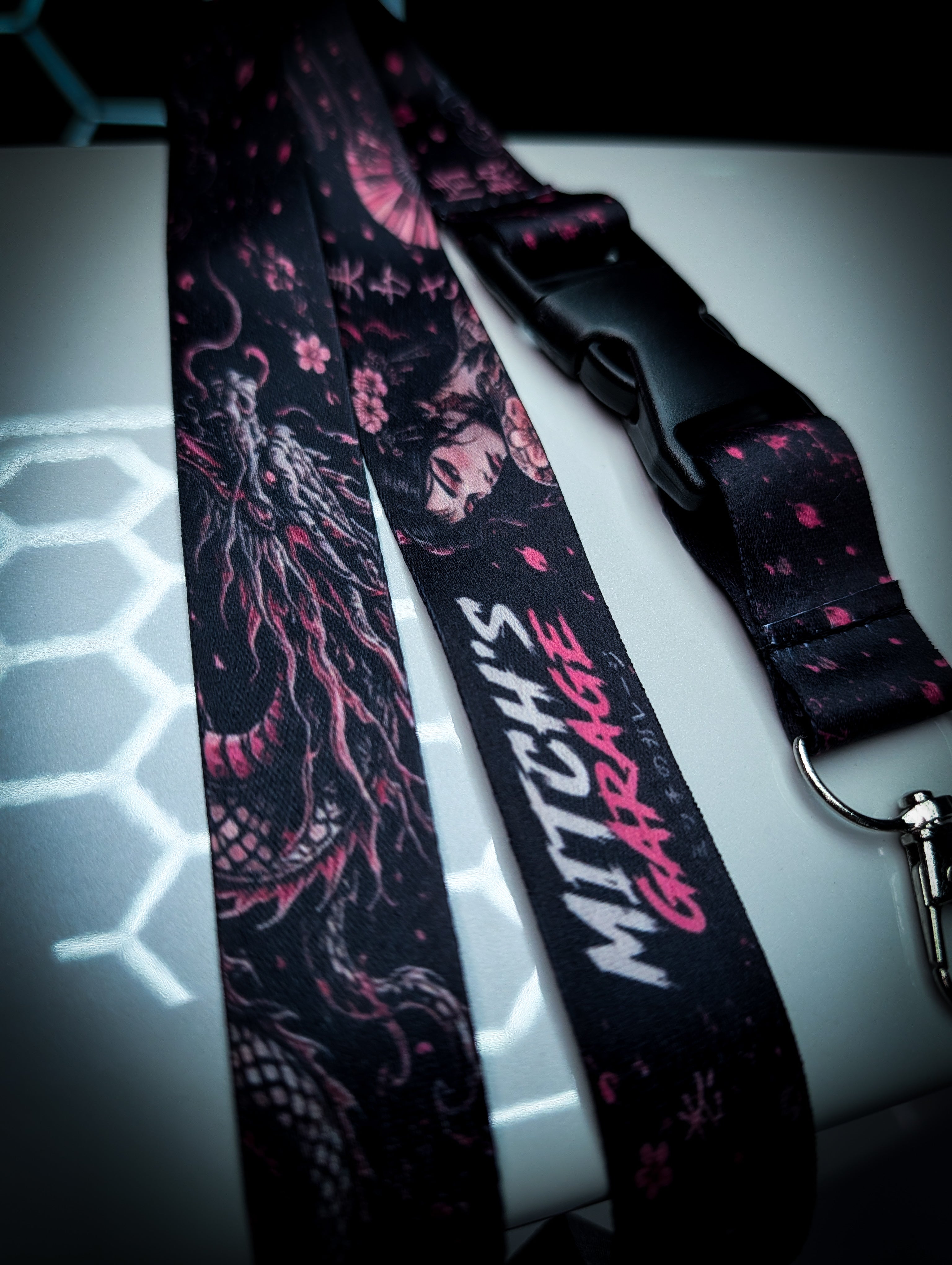 Mitchs Garage Lanyard • Pink Cherry Blossom Geisha Girl and Dragon