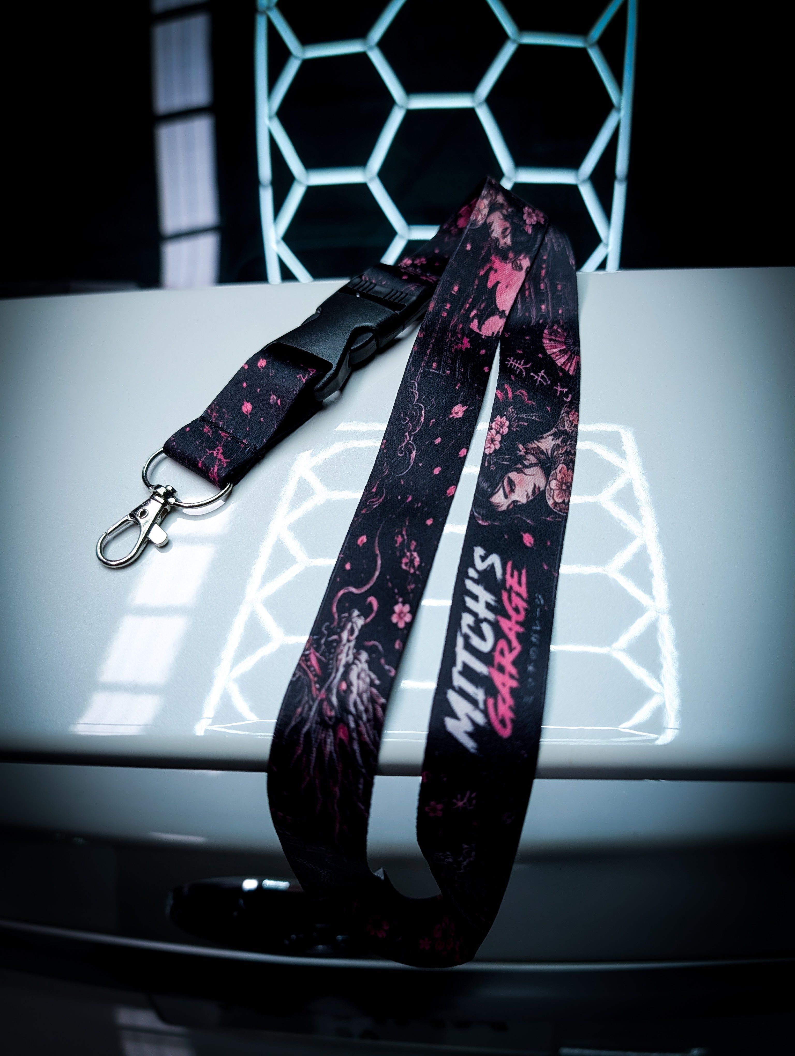 Mitchs Garage Lanyard • Pink Cherry Blossom Geisha Girl and Dragon