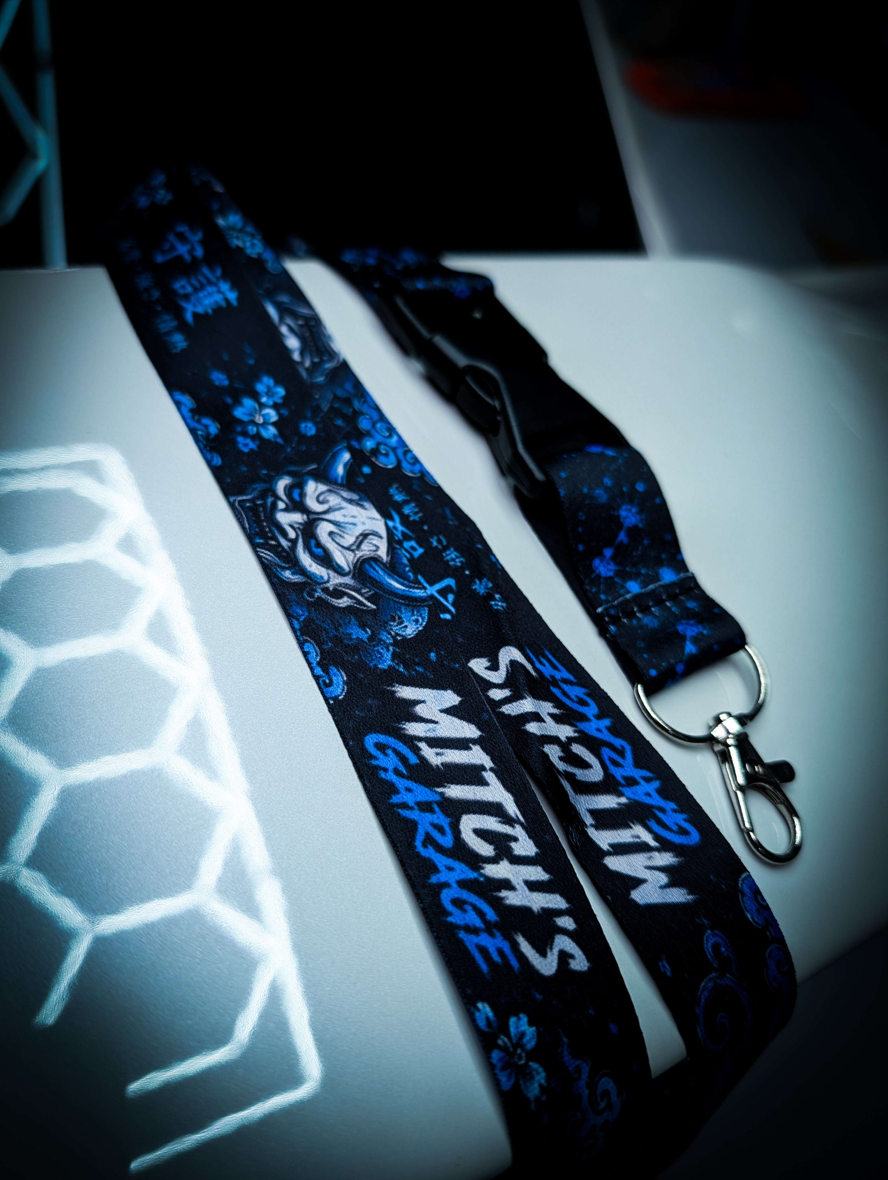 Mitchs Garage Lanyard • Blue Traditional Japanese Oni and Foo Dog