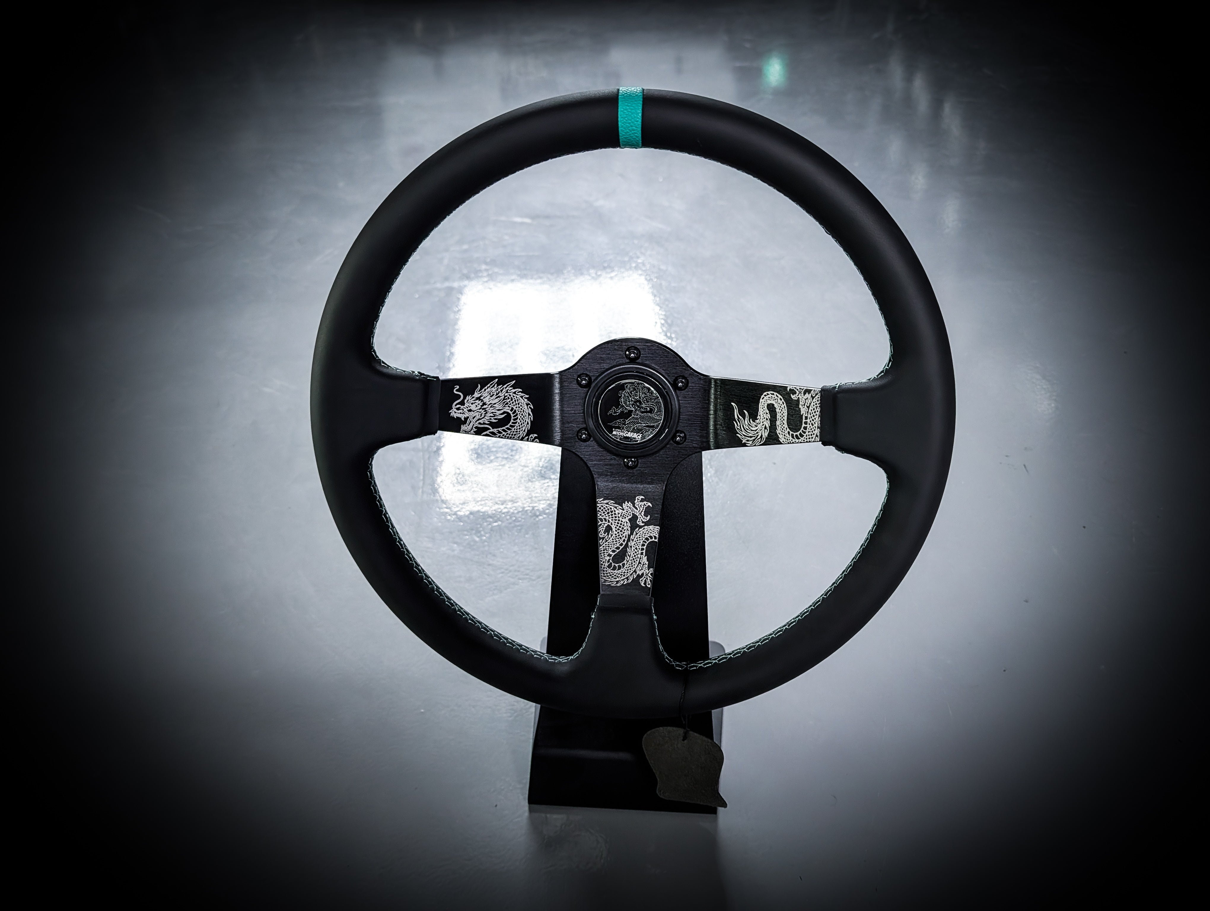 Traditional Dragon Lazer Etched Teal Stitched Deep Dished Leather Steering Wheel
