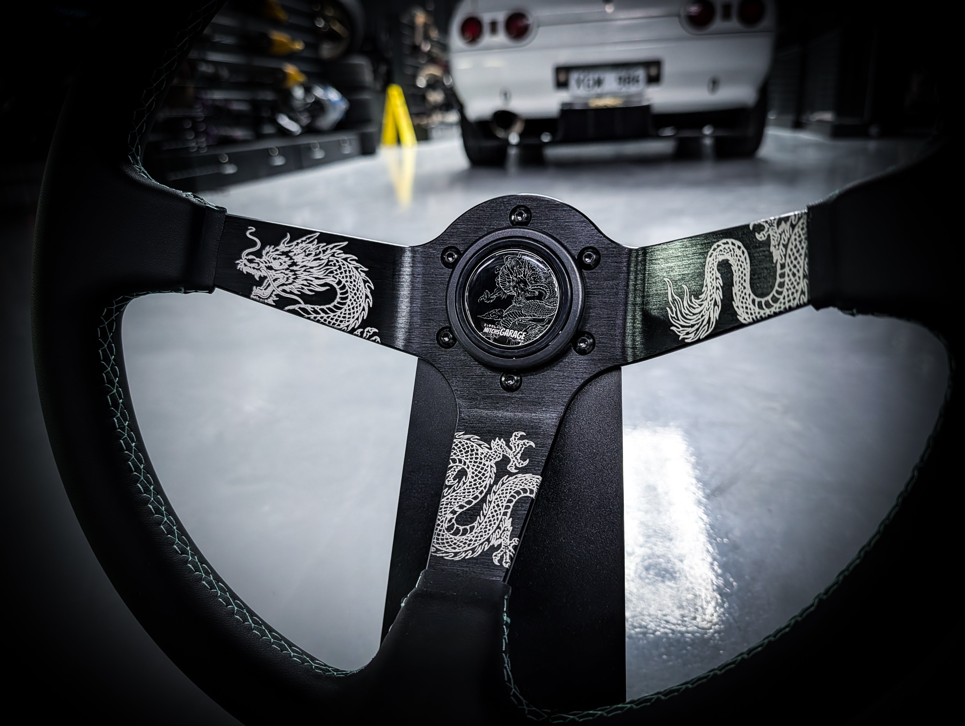 Traditional Dragon Lazer Etched Teal Stitched Deep Dished Leather Steering Wheel