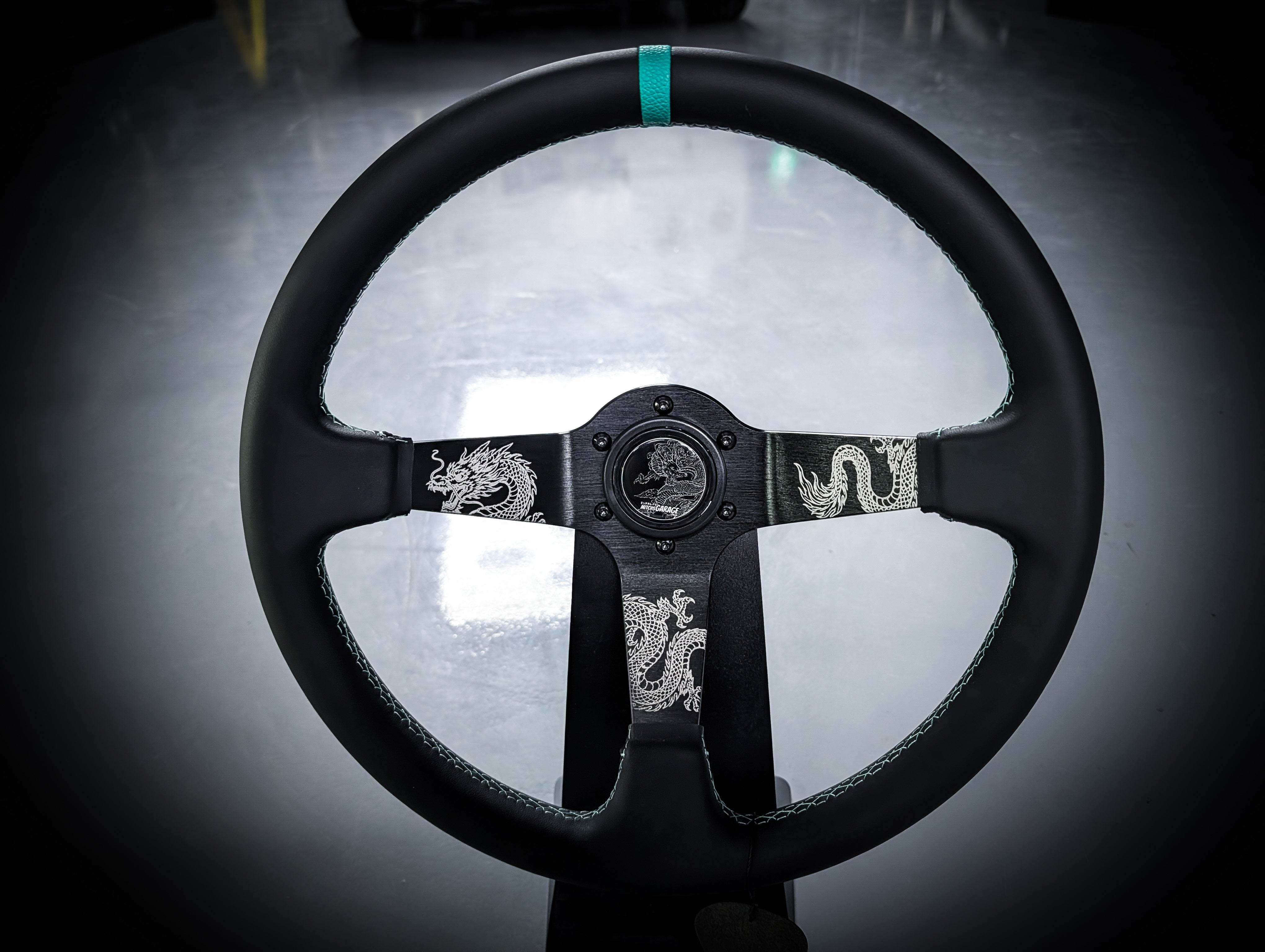 Traditional Dragon Lazer Etched Teal Stitched Deep Dished Leather Steering Wheel