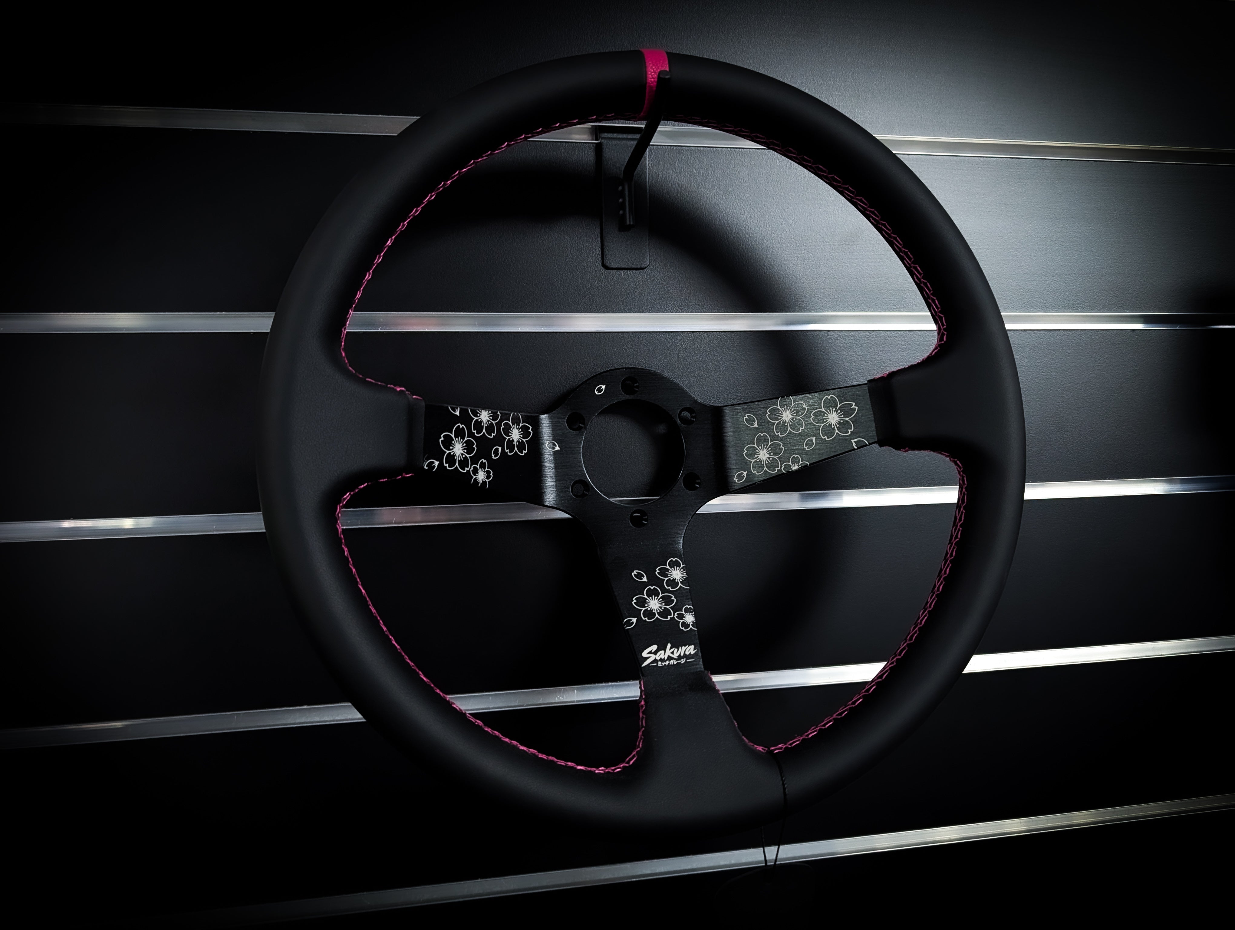 SAKURA Cherry Blossom Lazer Etched Pink Stitched Deep Dished Leather Steering Wheel