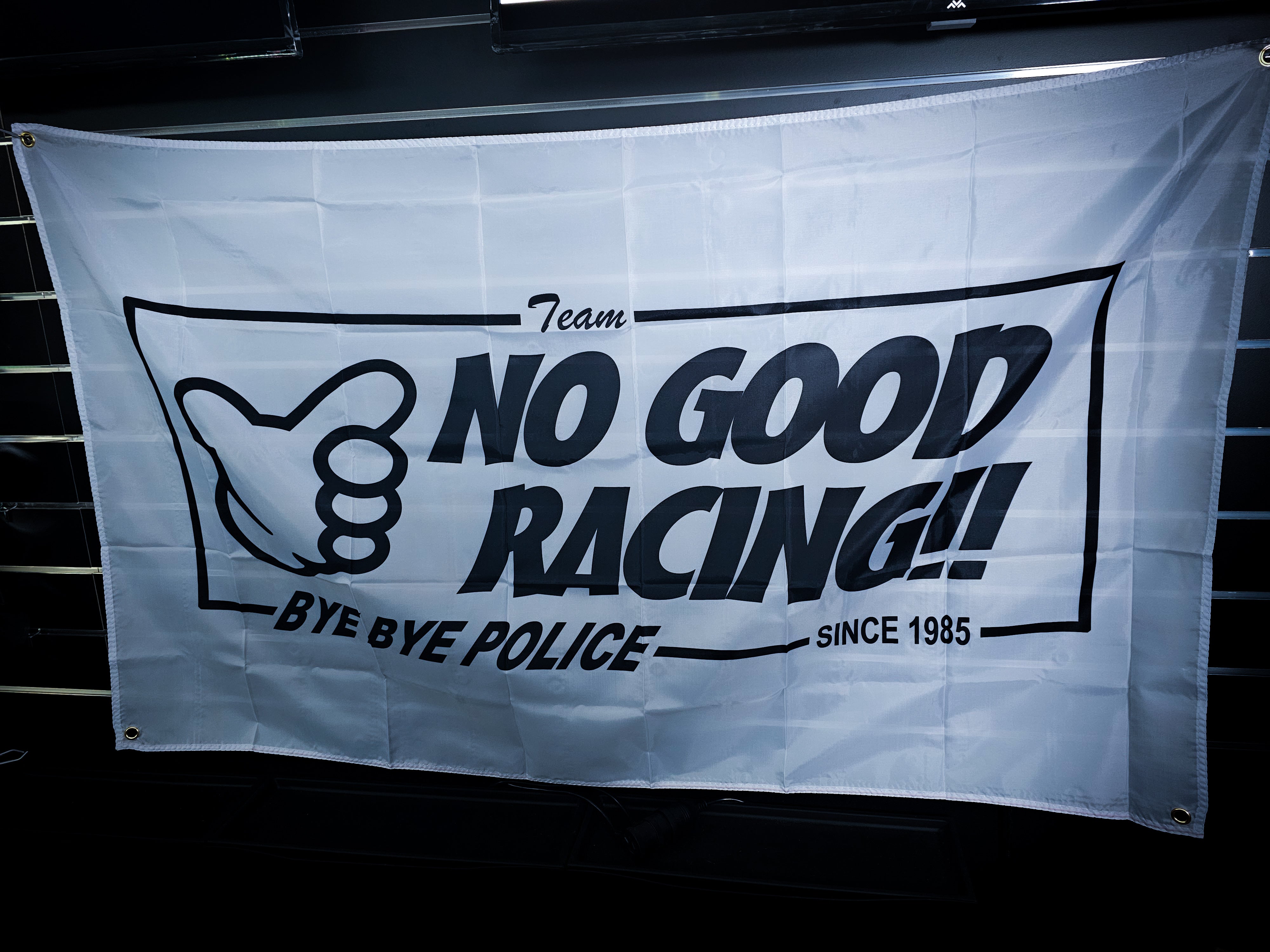 No Good Racing Bye Bye Police White and Black Workshop Banner Flag