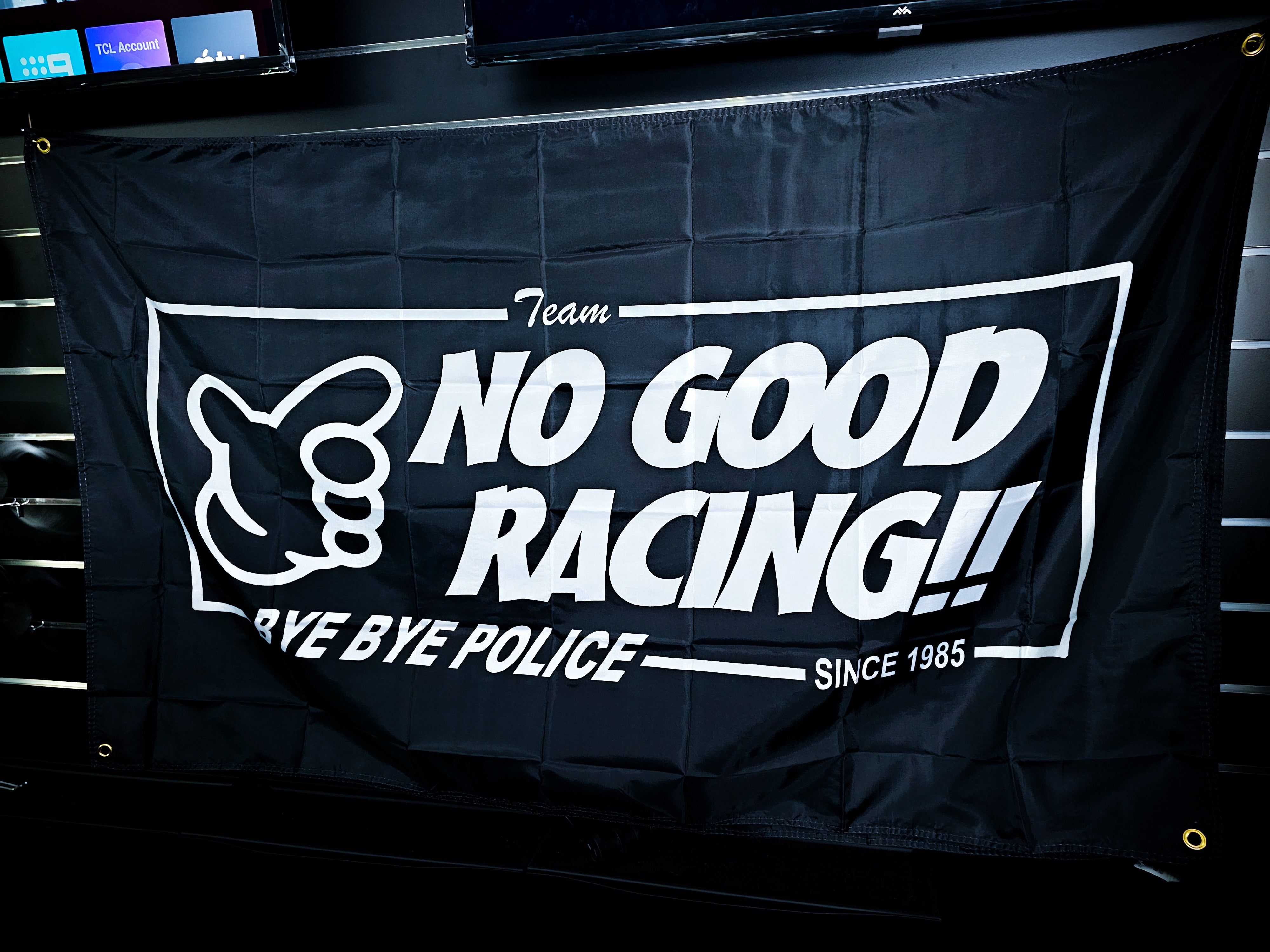 No Good Racing Bye Bye Police Black And White Workshop Banner Flag