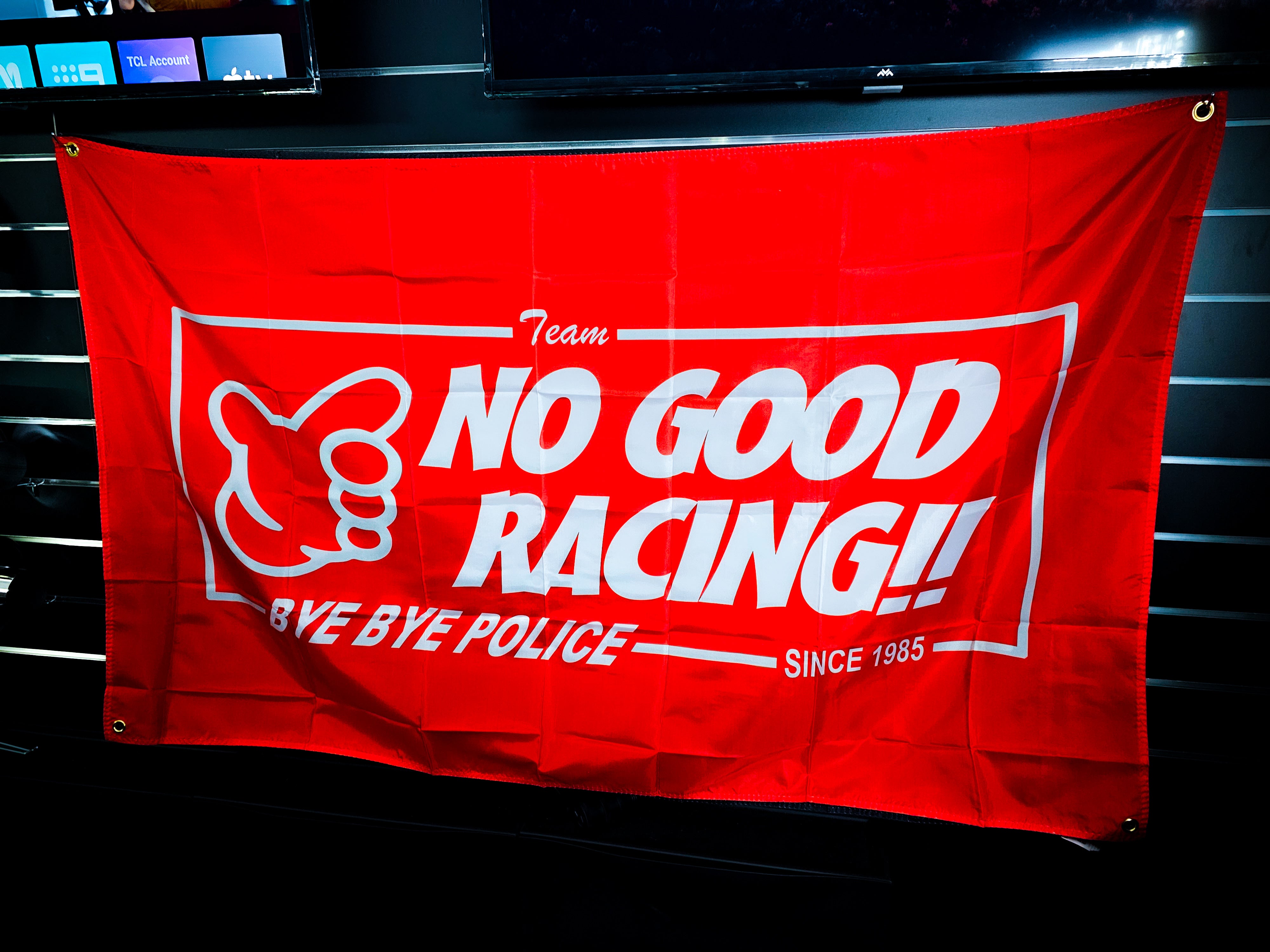 No Good Racing Bye Bye Police Red And White Workshop Banner Flag