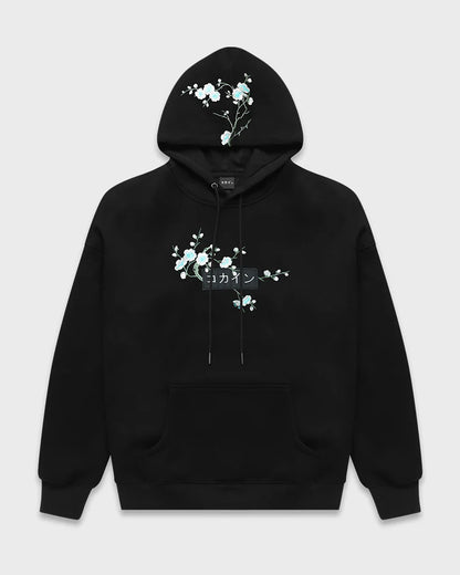 KOKAINE ~ "White & Blue Blossom" Embroidered Hoodie // BLACK
