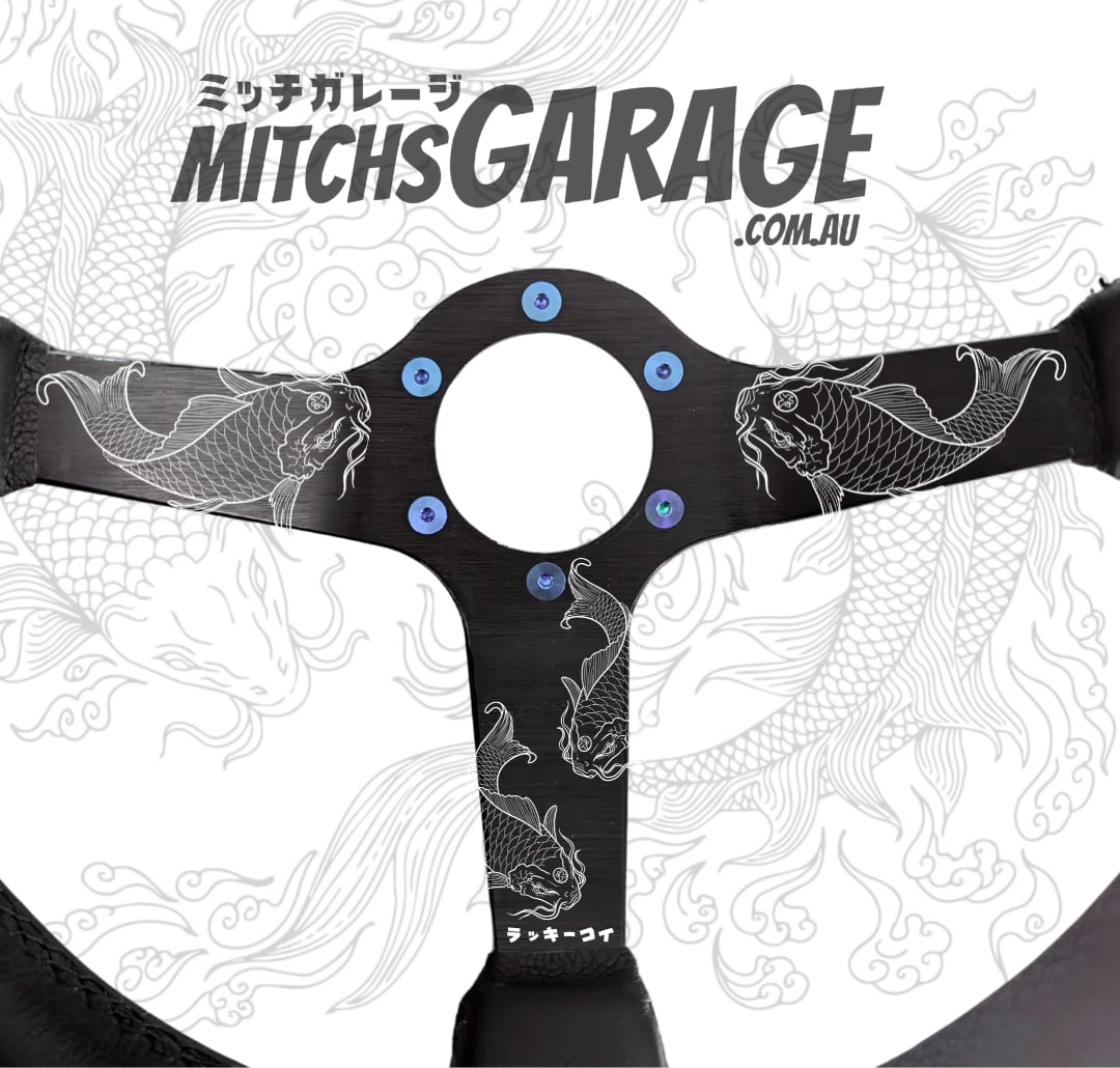 CUSTOM ORDER Lucky Koi Etch Triple Black Deep Dished Suade Leather Steering Wheel