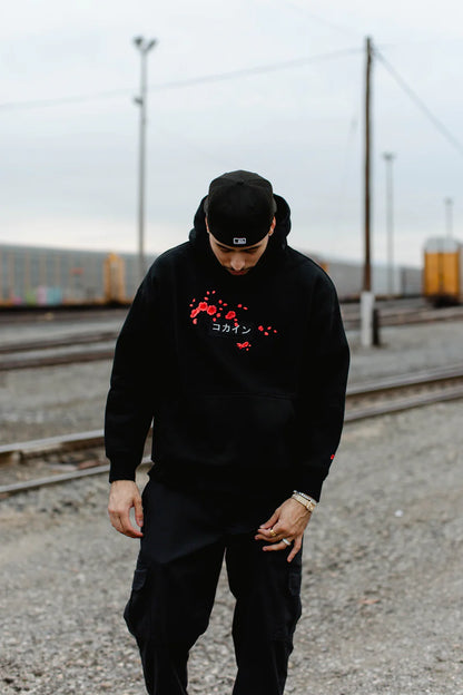 KOKAINE ~ "Red Blossom" Embroidered Hoodie // BLACK