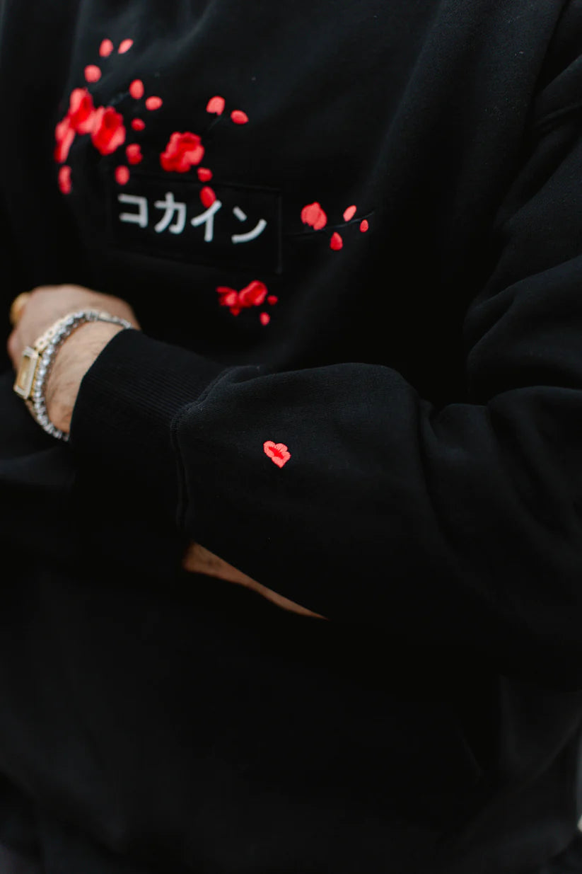 KOKAINE ~ "Red Blossom" Embroidered Hoodie // BLACK
