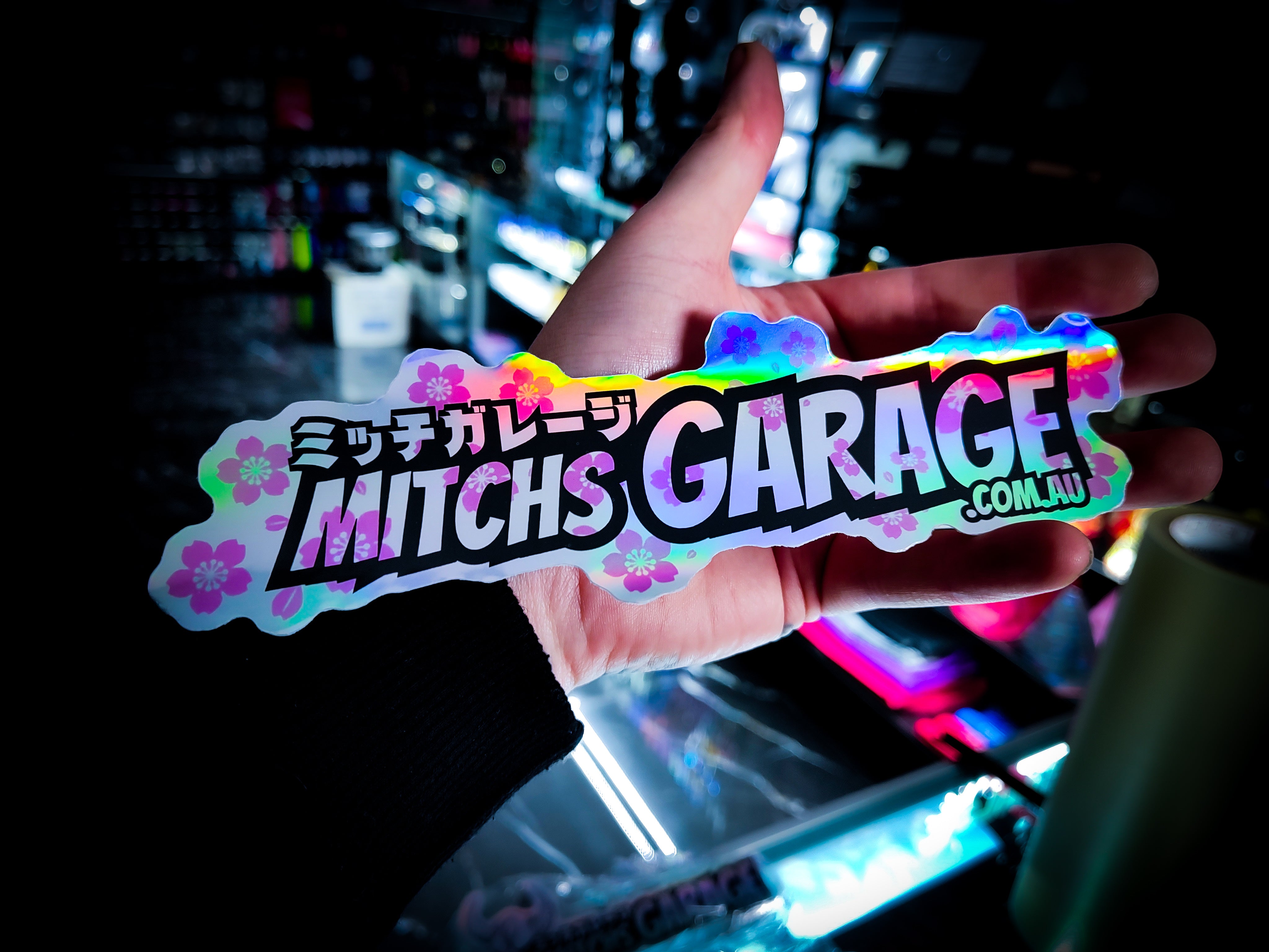 Mitch's Garage Holographic Blossom Store Decal 🌸