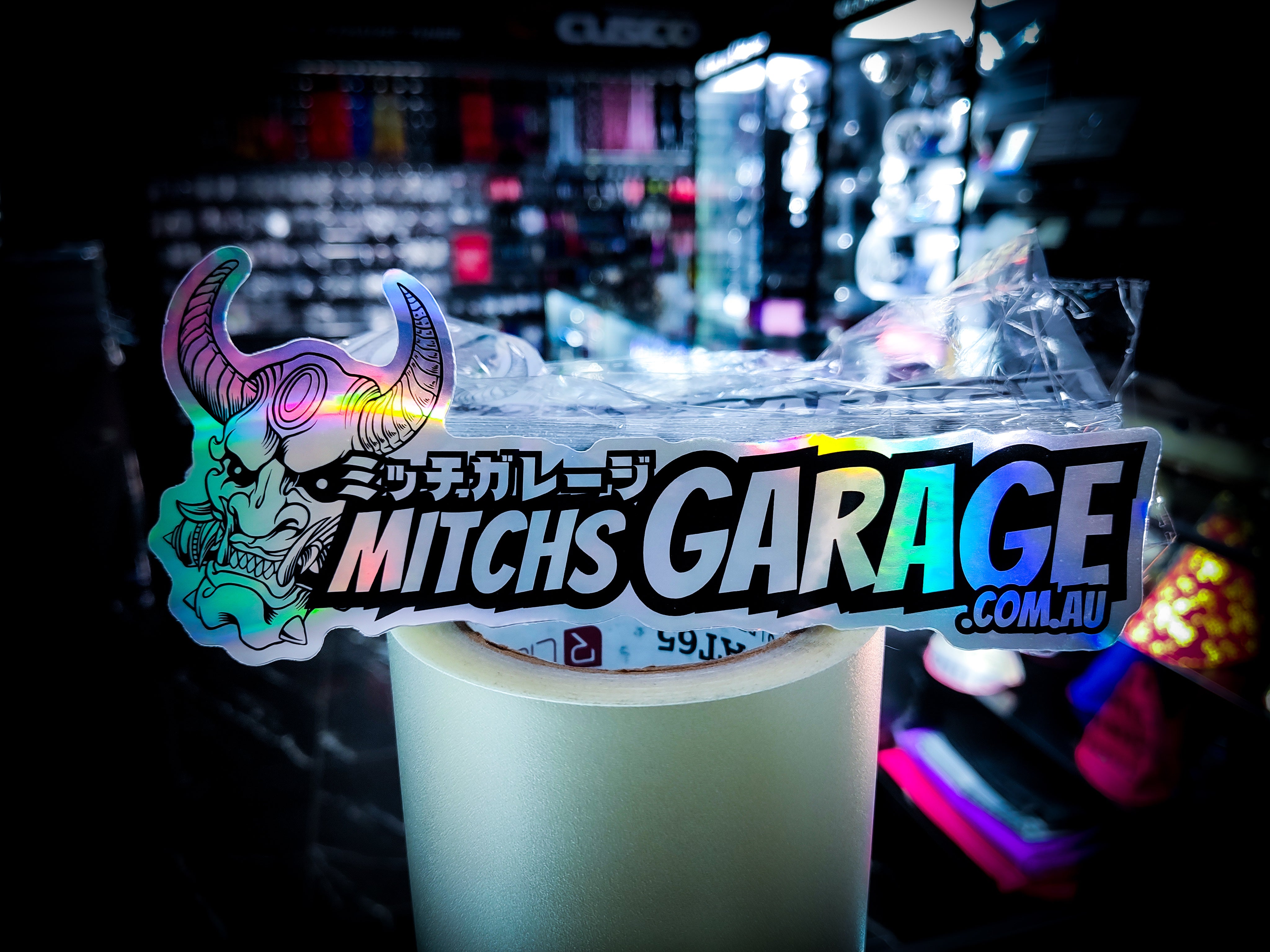 Mitch's Garage Holographic Oni Mask Store Decal