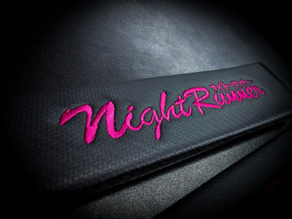 Pink Night Runner Embroidered Black Carbon Seat Belt Covers