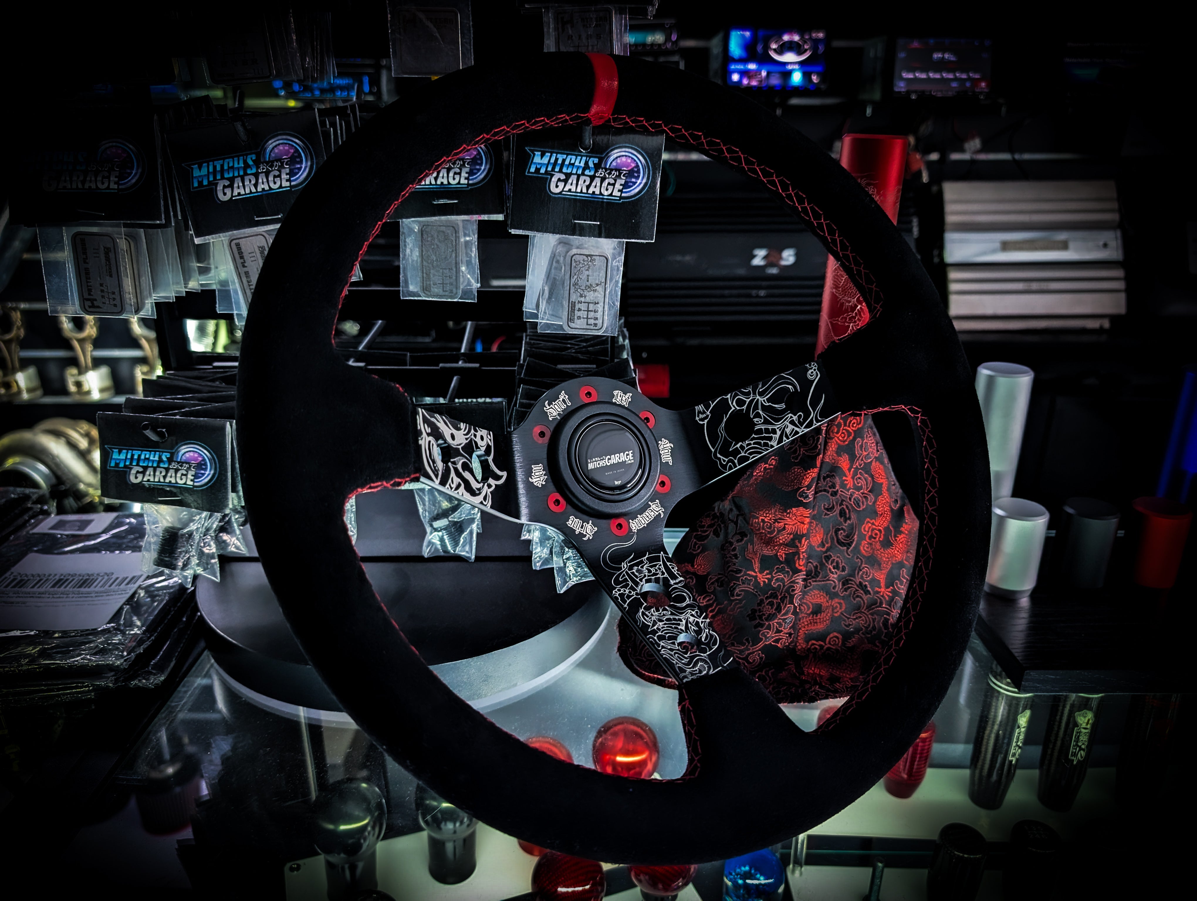 LIMITED EDITION "Don't let your demons drive you" Deep Dished Suade/Alcantara Red Stitch Steering Wheel